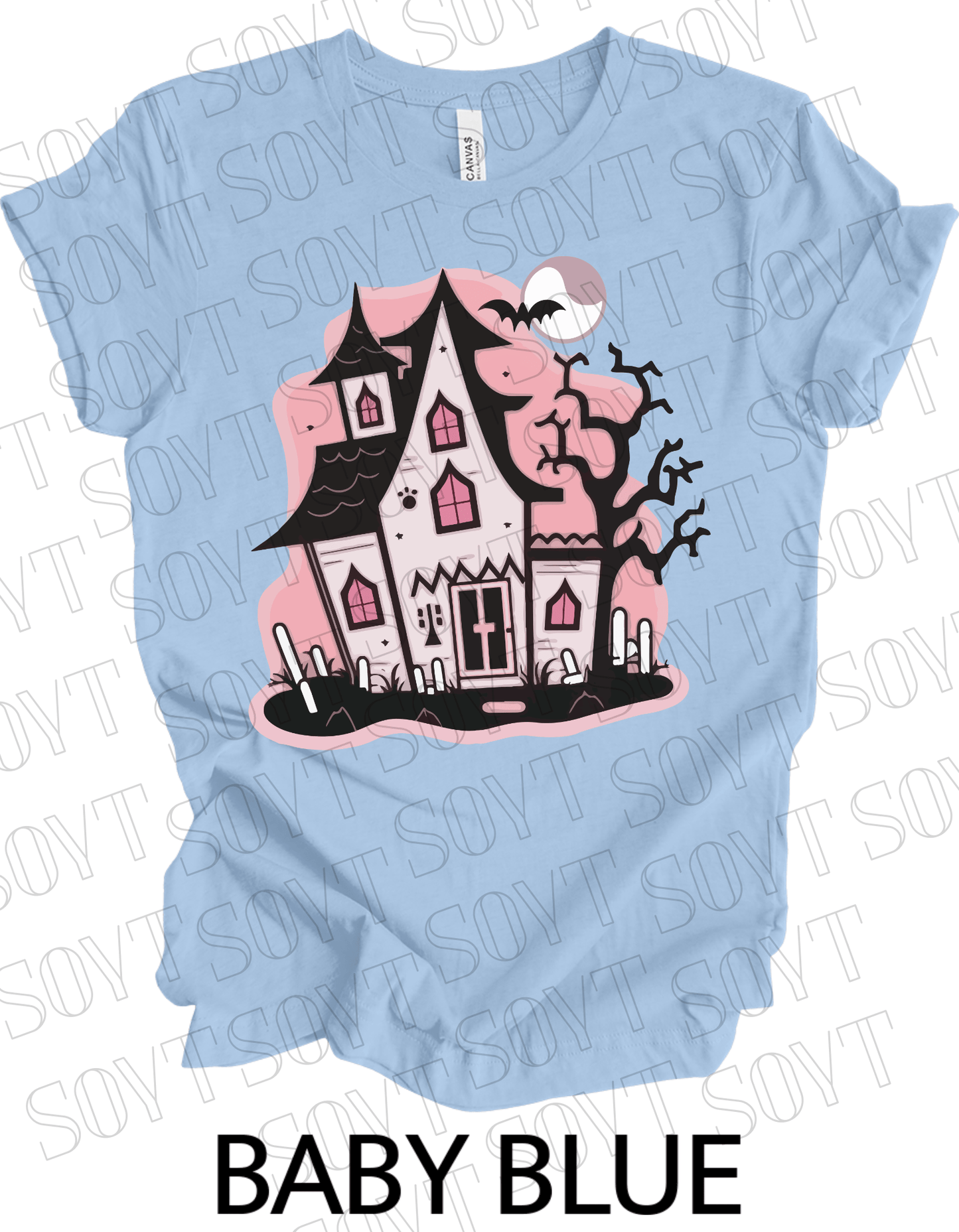 "Haunted Manor" Halloween T-Shirt – Pink Haunted House Graphic Tee for Spooky Season Style - Festive Apparel StoreBaby Blue