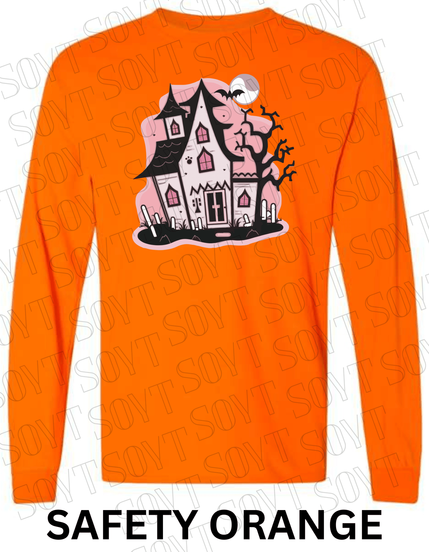 "Haunted Manor" Long Sleeve Halloween T-Shirt – Pink Haunted House Graphic on Soft Gildan Cotton Blend - Festive Apparel StoreSafety Orange