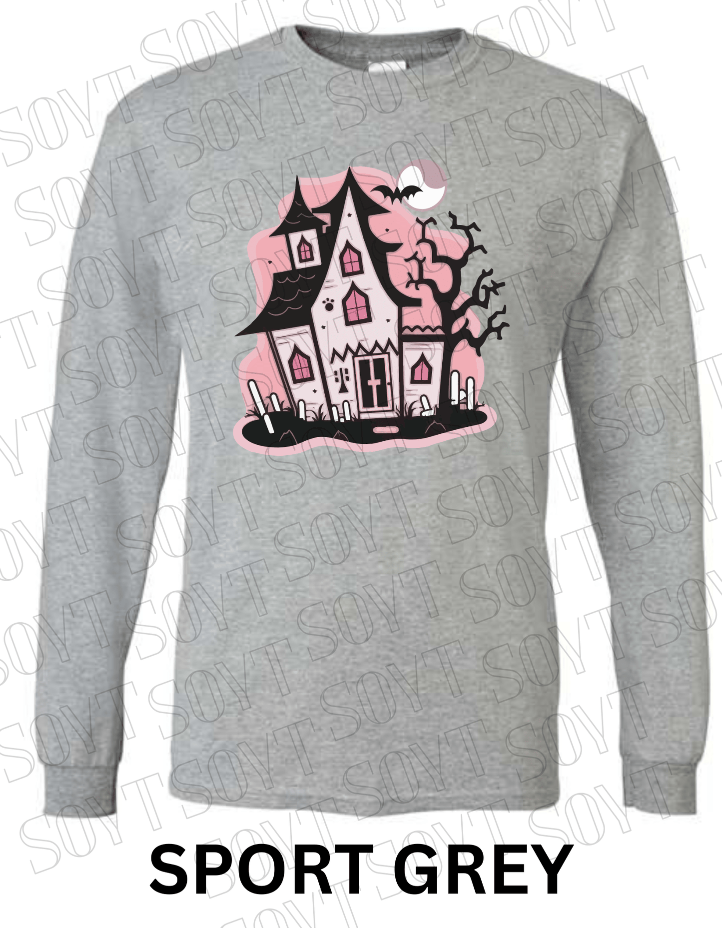 "Haunted Manor" Long Sleeve Halloween T-Shirt – Pink Haunted House Graphic on Soft Gildan Cotton Blend - Festive Apparel StoreSport Grey