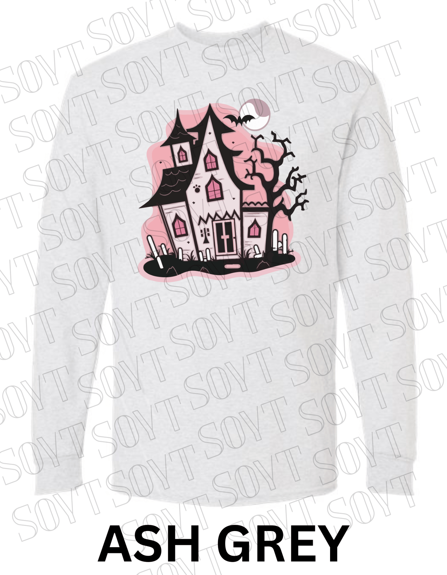 "Haunted Manor" Long Sleeve Halloween T-Shirt – Pink Haunted House Graphic on Soft Gildan Cotton Blend - Festive Apparel StoreAsh Gray