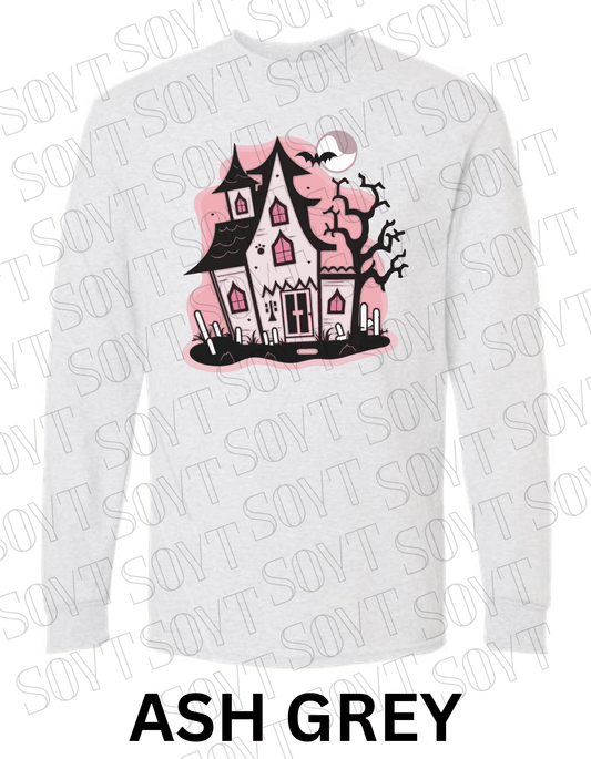 "Haunted Manor" Long Sleeve Halloween T-Shirt – Pink Haunted House Graphic on Soft Gildan Cotton Blend - Festive Apparel StoreAsh Gray