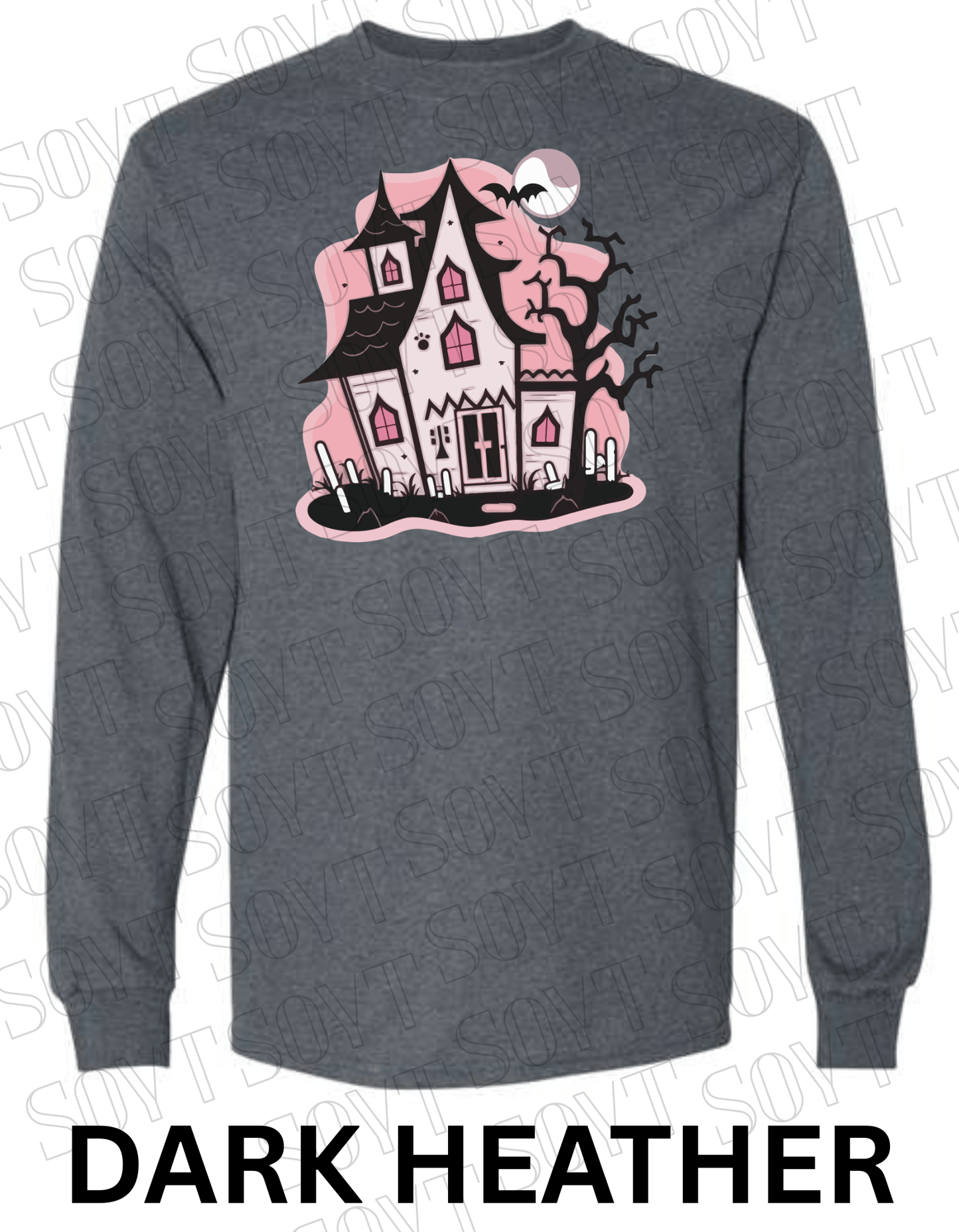 "Haunted Manor" Long Sleeve Halloween T-Shirt – Pink Haunted House Graphic on Soft Gildan Cotton Blend - Festive Apparel StoreDark Heather