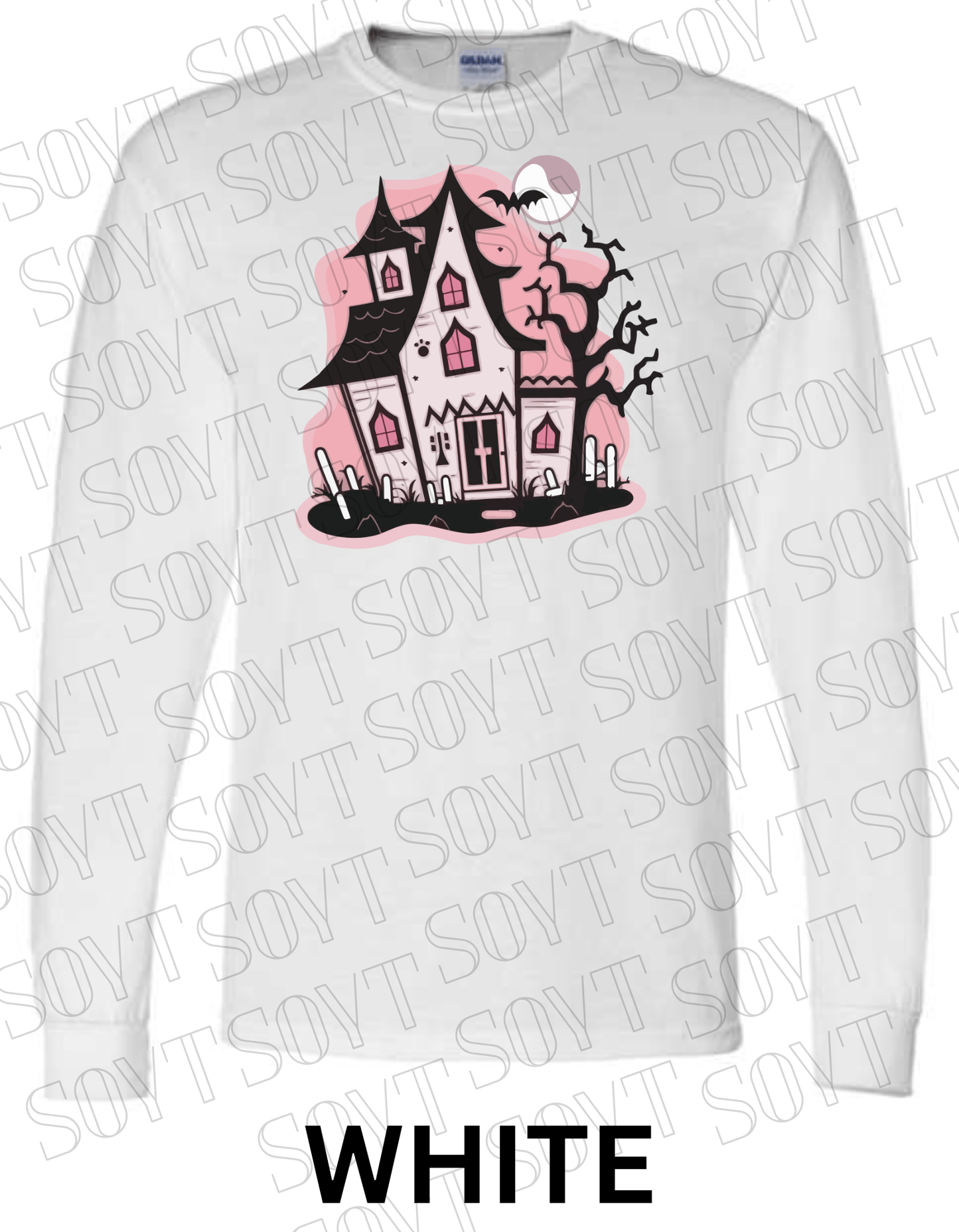 "Haunted Manor" Long Sleeve Halloween T-Shirt – Pink Haunted House Graphic on Soft Gildan Cotton Blend - Festive Apparel StoreWhite