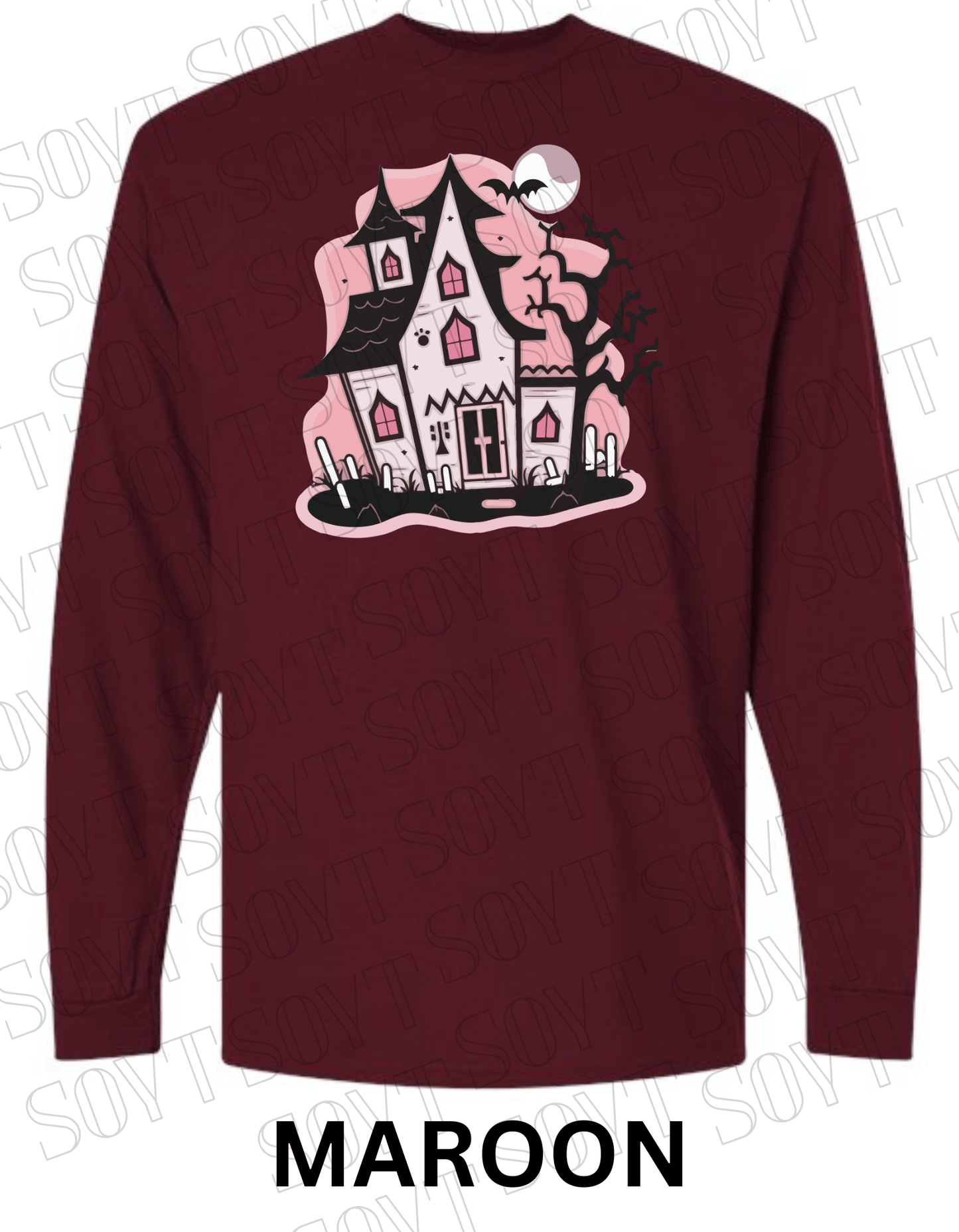 "Haunted Manor" Long Sleeve Halloween T-Shirt – Pink Haunted House Graphic on Soft Gildan Cotton Blend - Festive Apparel StoreMaroon