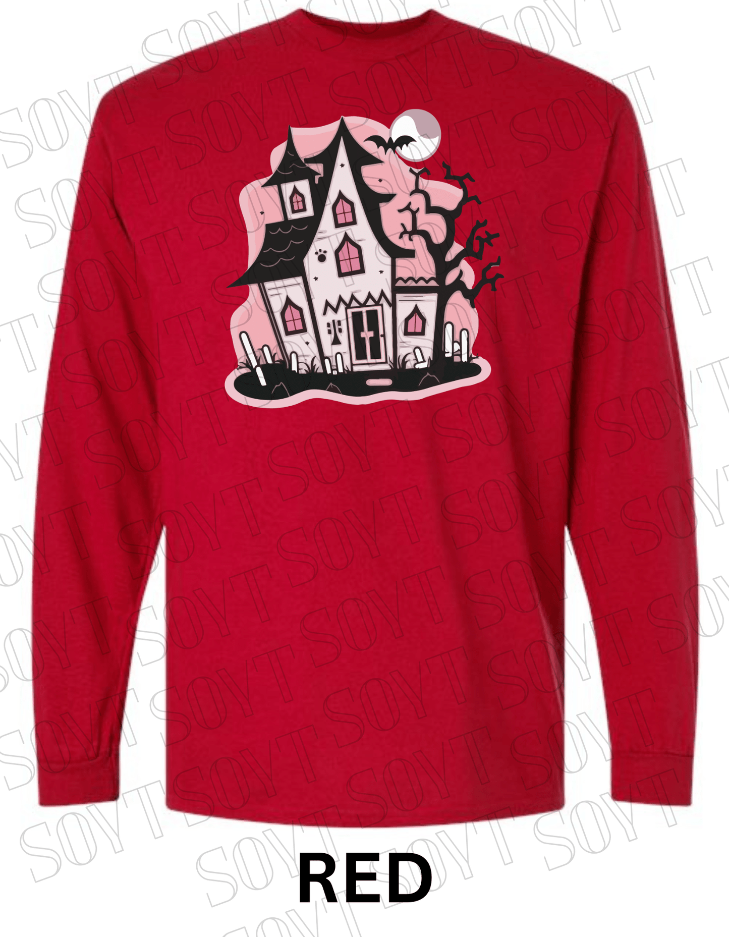 "Haunted Manor" Long Sleeve Halloween T-Shirt – Pink Haunted House Graphic on Soft Gildan Cotton Blend - Festive Apparel StoreRed