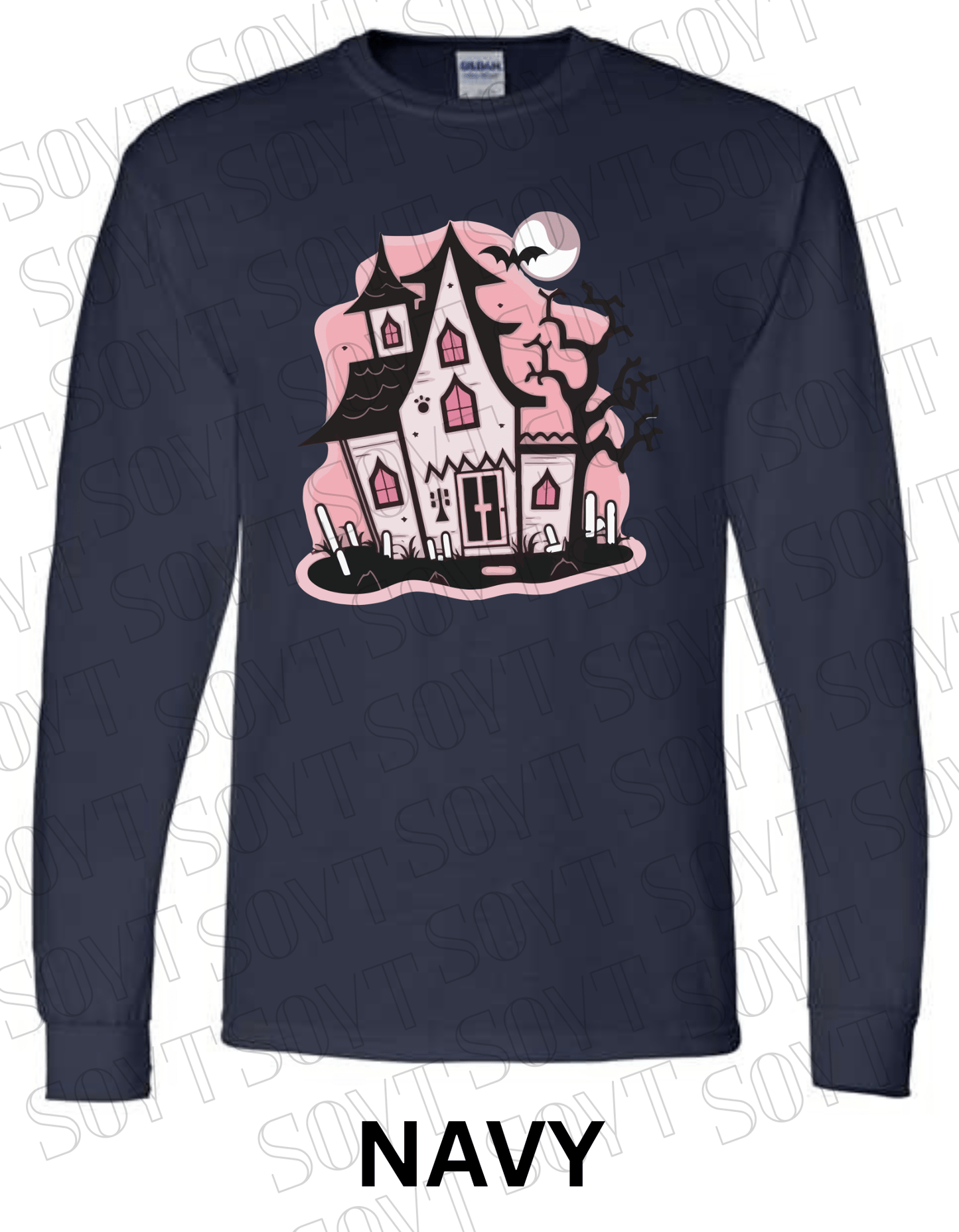 "Haunted Manor" Long Sleeve Halloween T-Shirt – Pink Haunted House Graphic on Soft Gildan Cotton Blend - Festive Apparel StoreNavy Blue