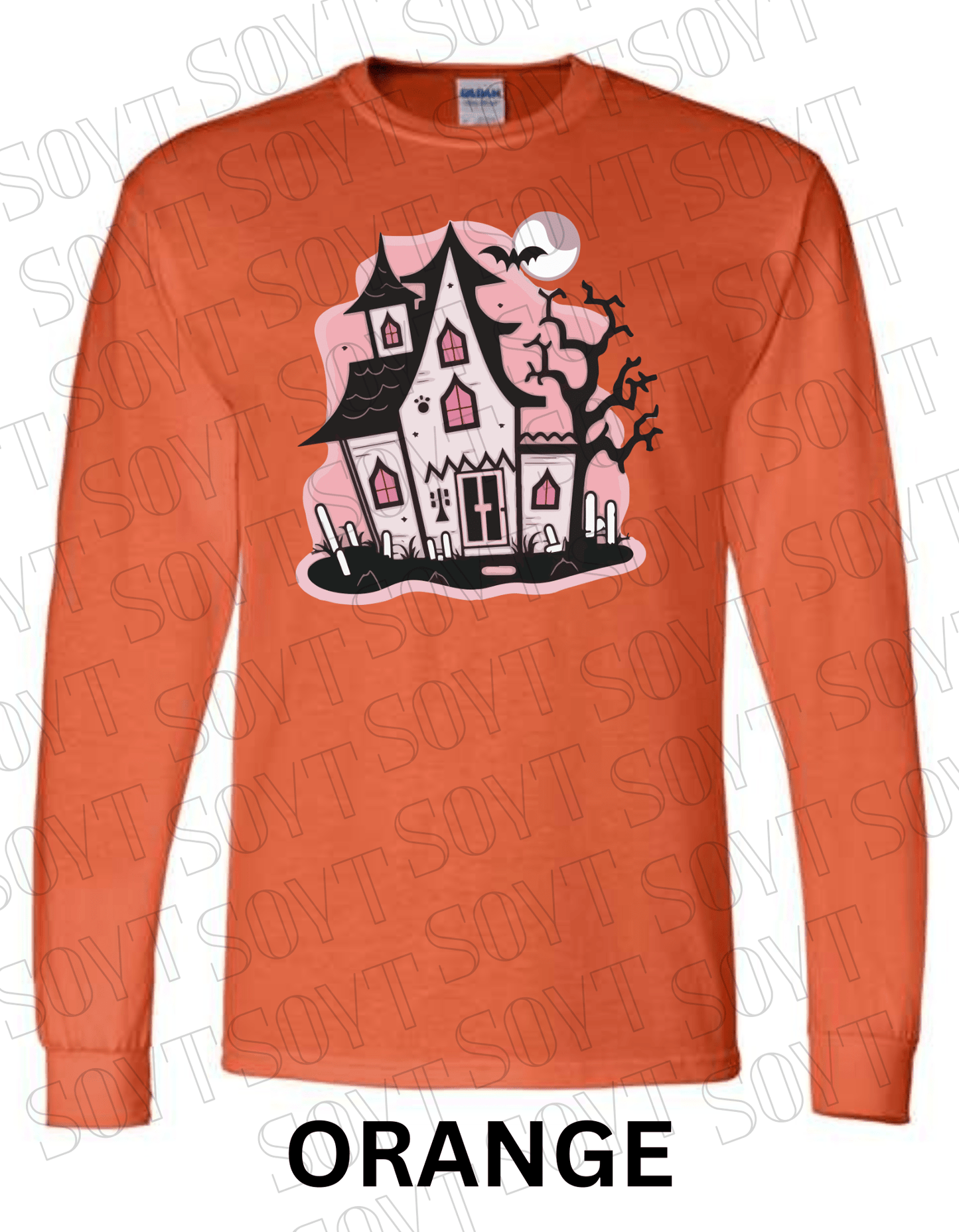 "Haunted Manor" Long Sleeve Halloween T-Shirt – Pink Haunted House Graphic on Soft Gildan Cotton Blend - Festive Apparel StoreOrange