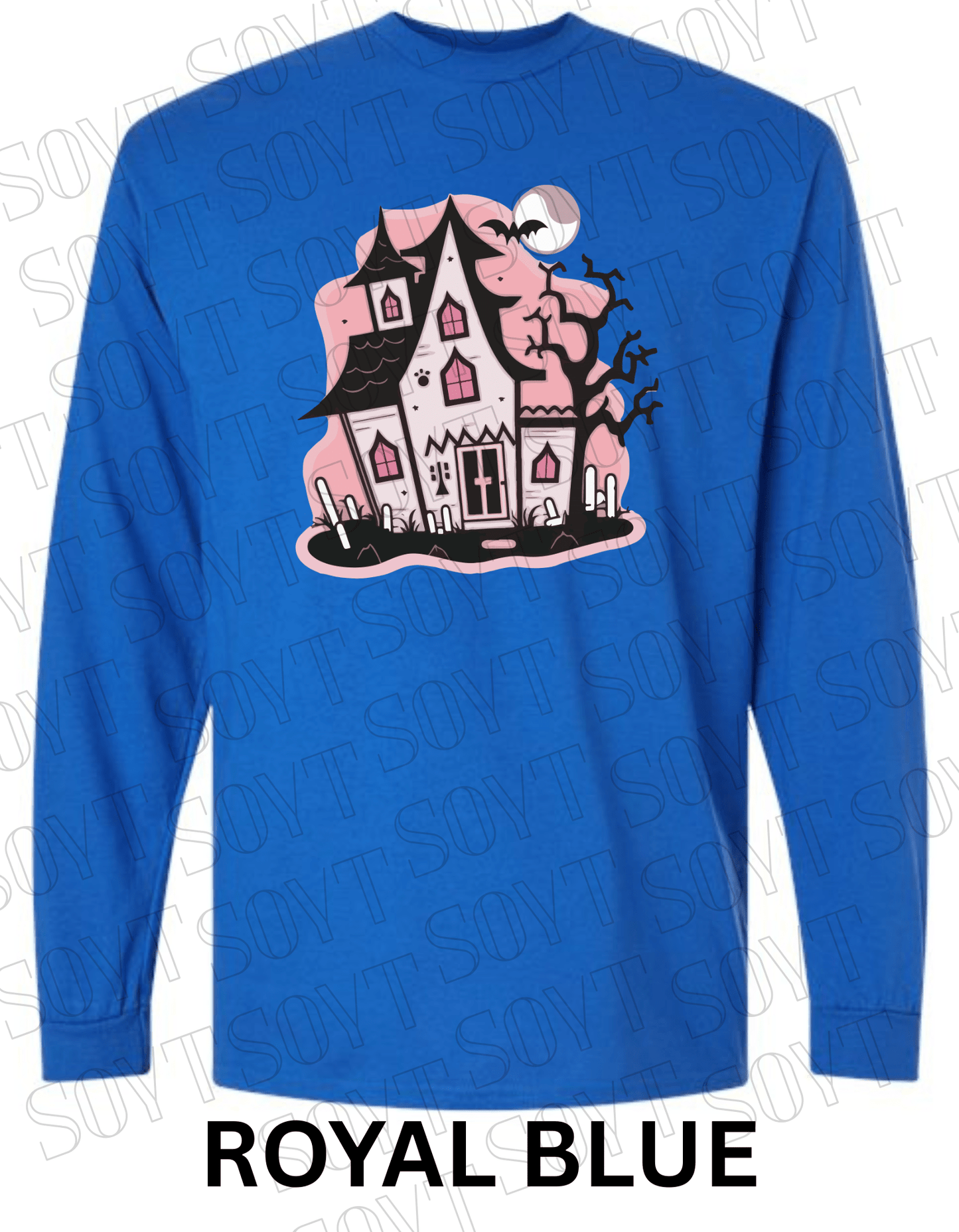 "Haunted Manor" Long Sleeve Halloween T-Shirt – Pink Haunted House Graphic on Soft Gildan Cotton Blend - Festive Apparel StoreRoyal Blue
