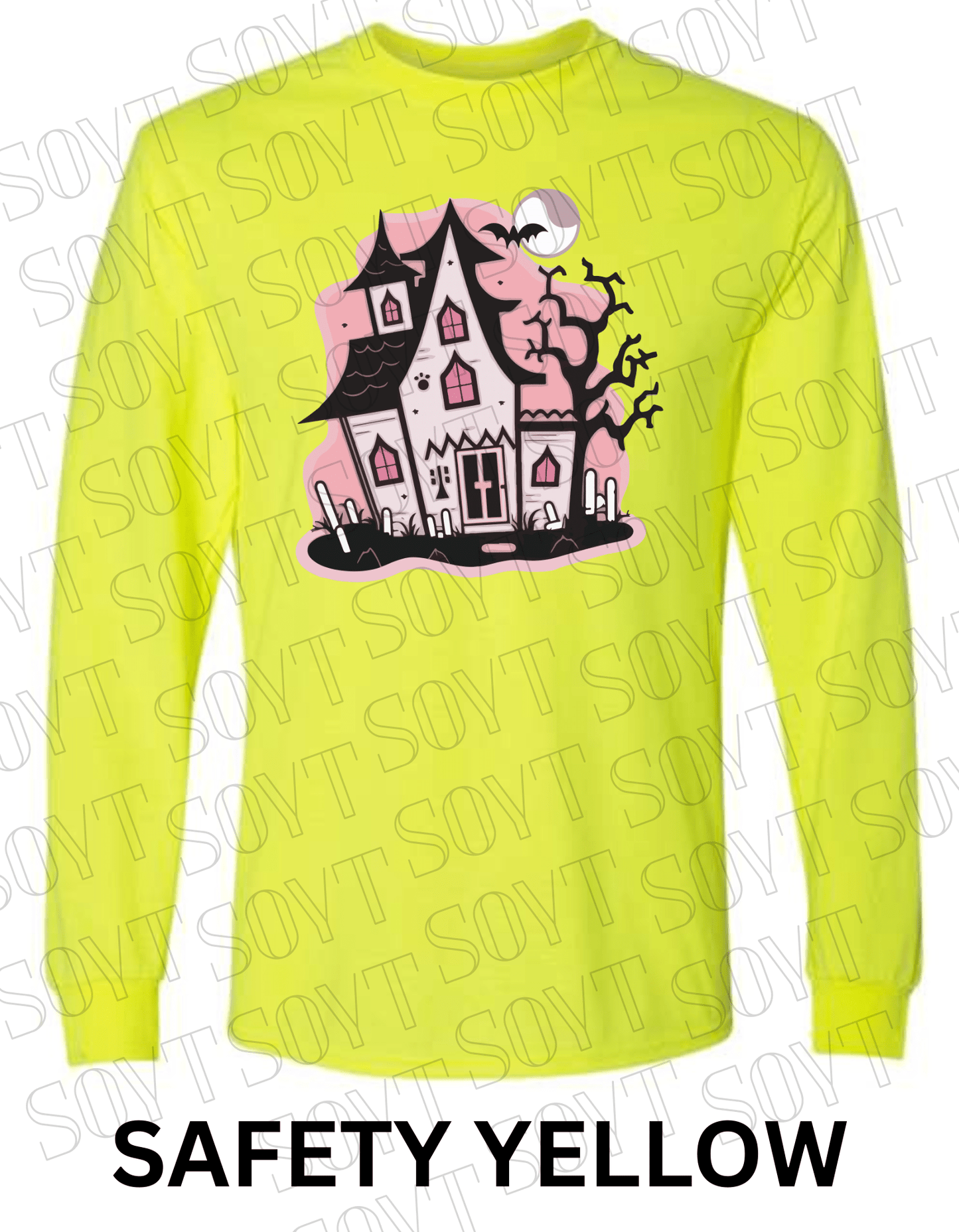 "Haunted Manor" Long Sleeve Halloween T-Shirt – Pink Haunted House Graphic on Soft Gildan Cotton Blend - Festive Apparel StoreSafety Yellow