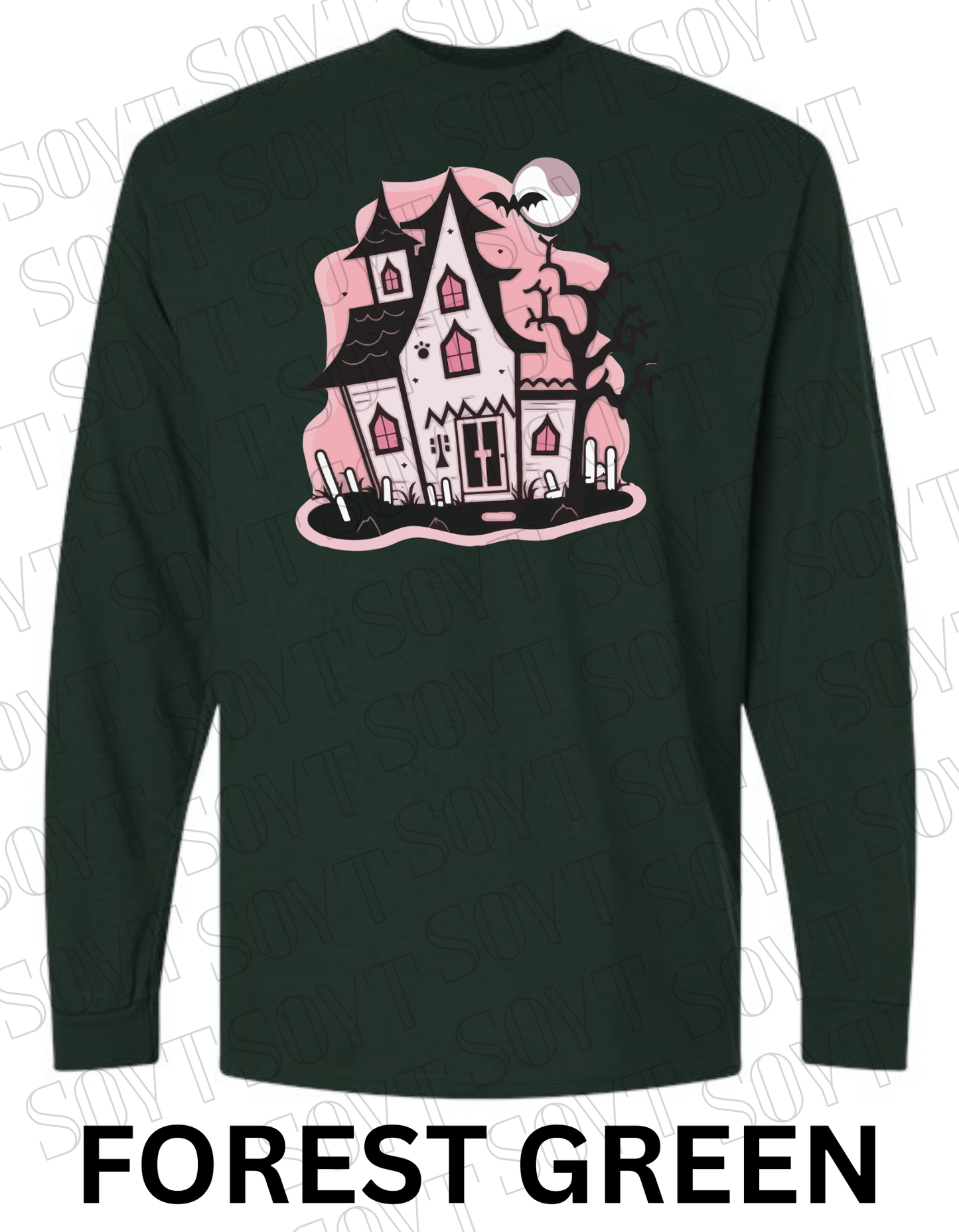 "Haunted Manor" Long Sleeve Halloween T-Shirt – Pink Haunted House Graphic on Soft Gildan Cotton Blend - Festive Apparel StoreForest Green