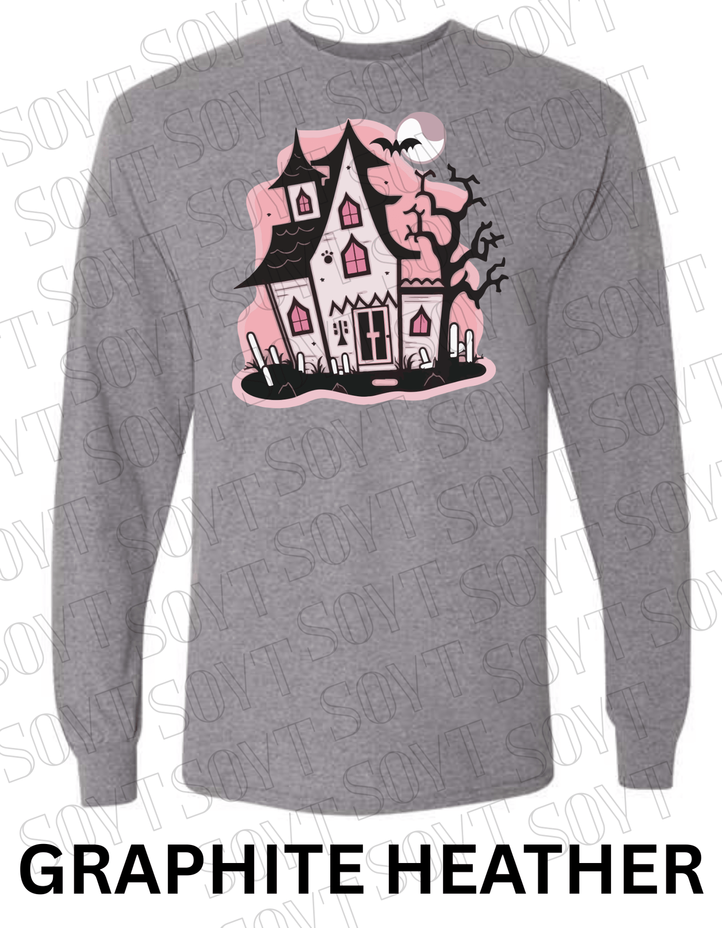 "Haunted Manor" Long Sleeve Halloween T-Shirt – Pink Haunted House Graphic on Soft Gildan Cotton Blend - Festive Apparel StoreGraphite Heather