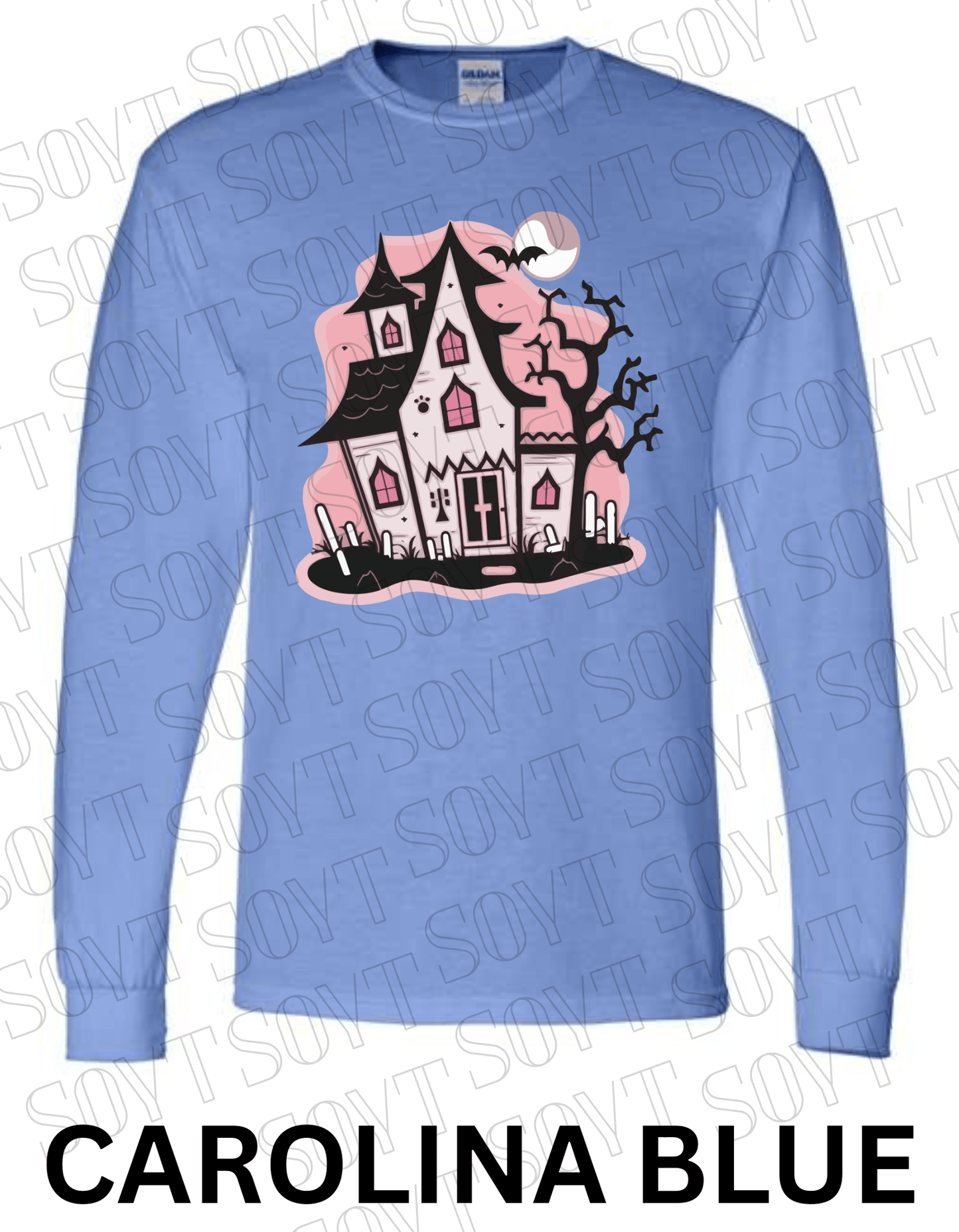 "Haunted Manor" Long Sleeve Halloween T-Shirt – Pink Haunted House Graphic on Soft Gildan Cotton Blend - Festive Apparel StoreCarolina Blue