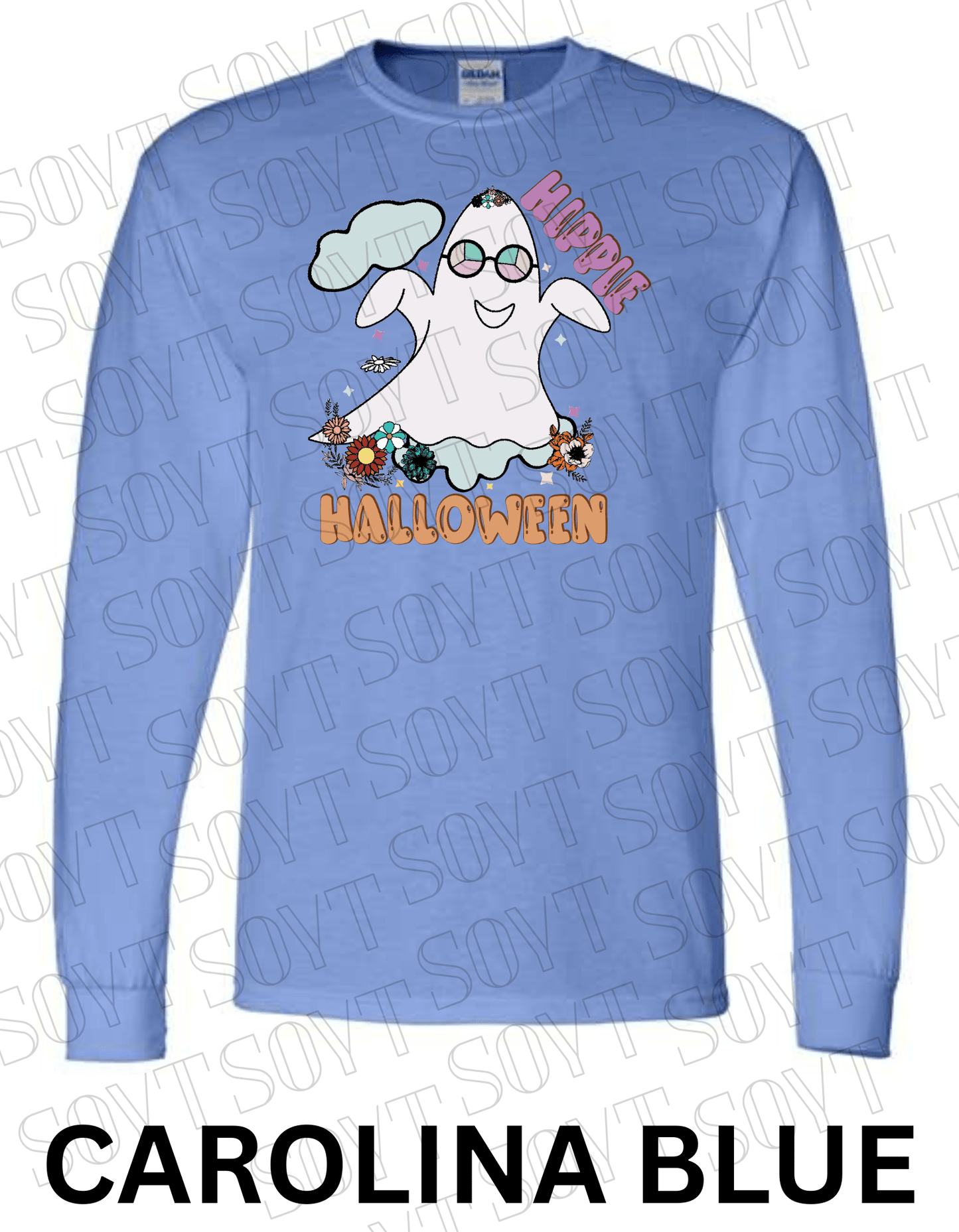 Hippie Halloween Long Sleeve – Retro Ghost with Flower Crown & Groovy Glasses Shirt - Festive Apparel StoreCarolina Blue