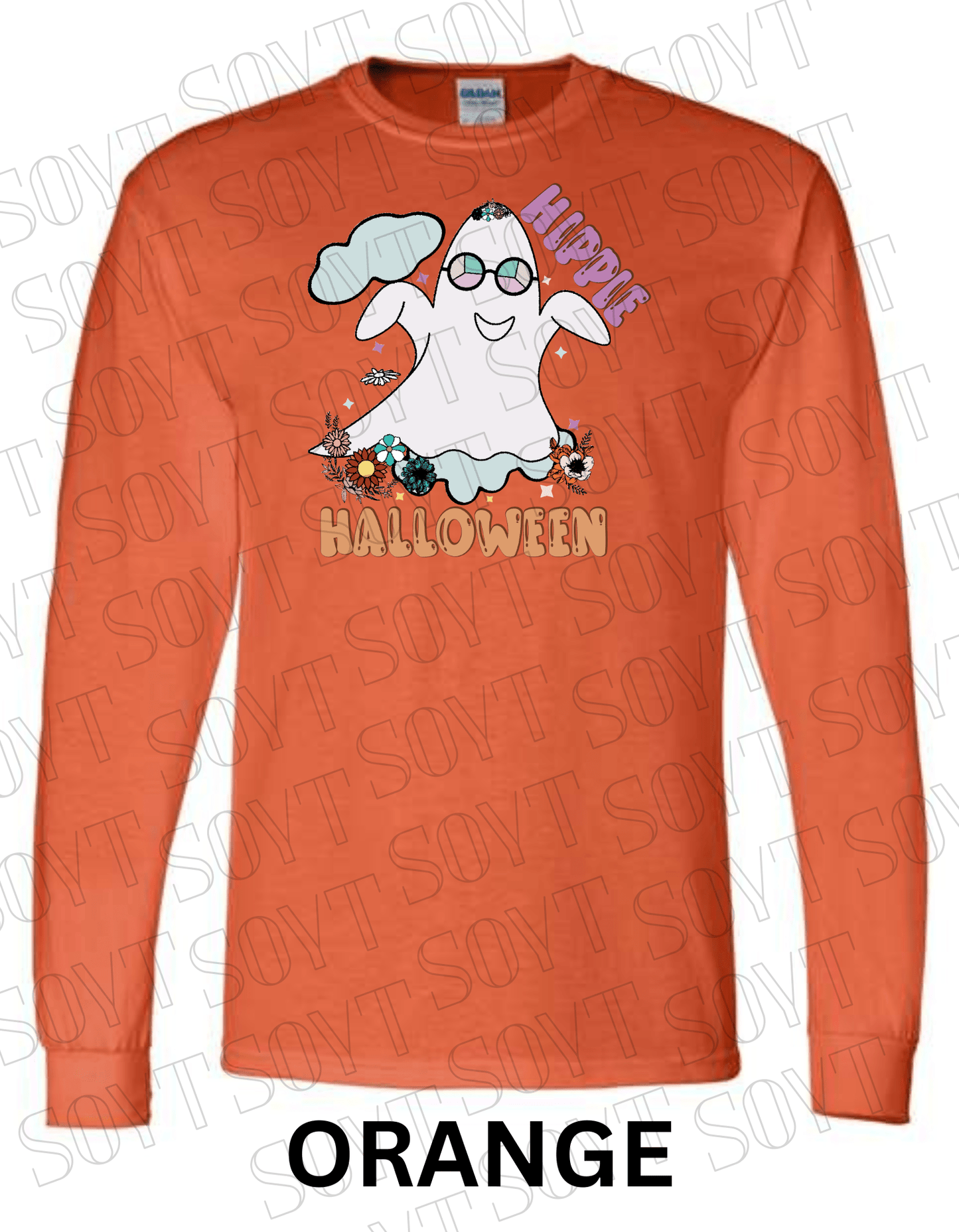 Hippie Halloween Long Sleeve – Retro Ghost with Flower Crown & Groovy Glasses Shirt - Festive Apparel StoreOrange