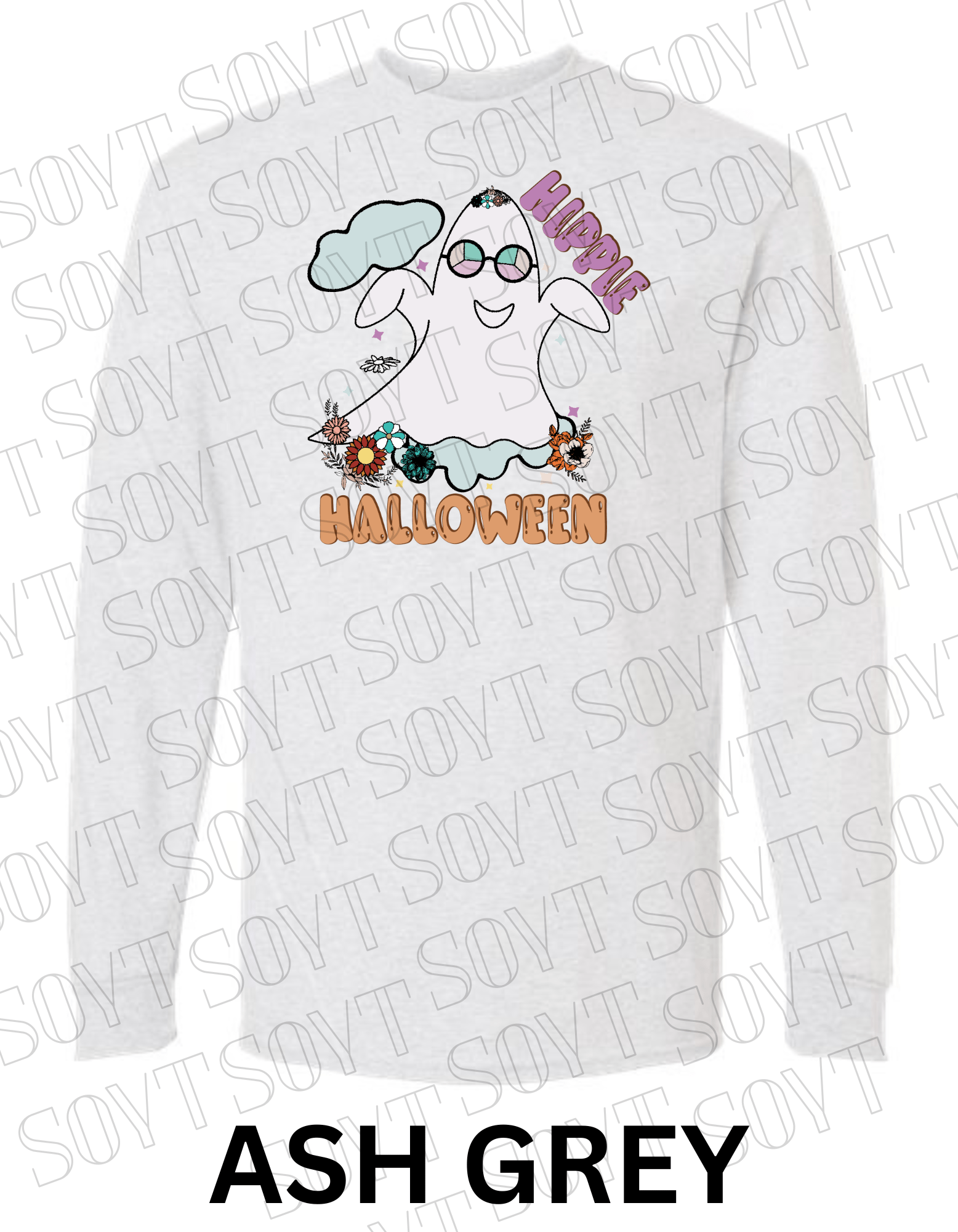 Hippie Halloween Long Sleeve – Retro Ghost with Flower Crown & Groovy Glasses Shirt - Festive Apparel StoreAsh Gray