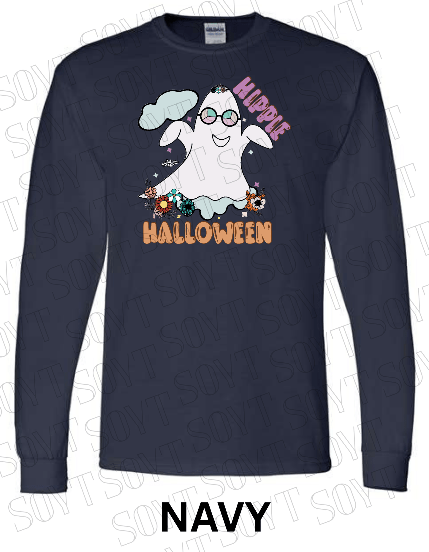 Hippie Halloween Long Sleeve – Retro Ghost with Flower Crown & Groovy Glasses Shirt - Festive Apparel StoreNavy Blue