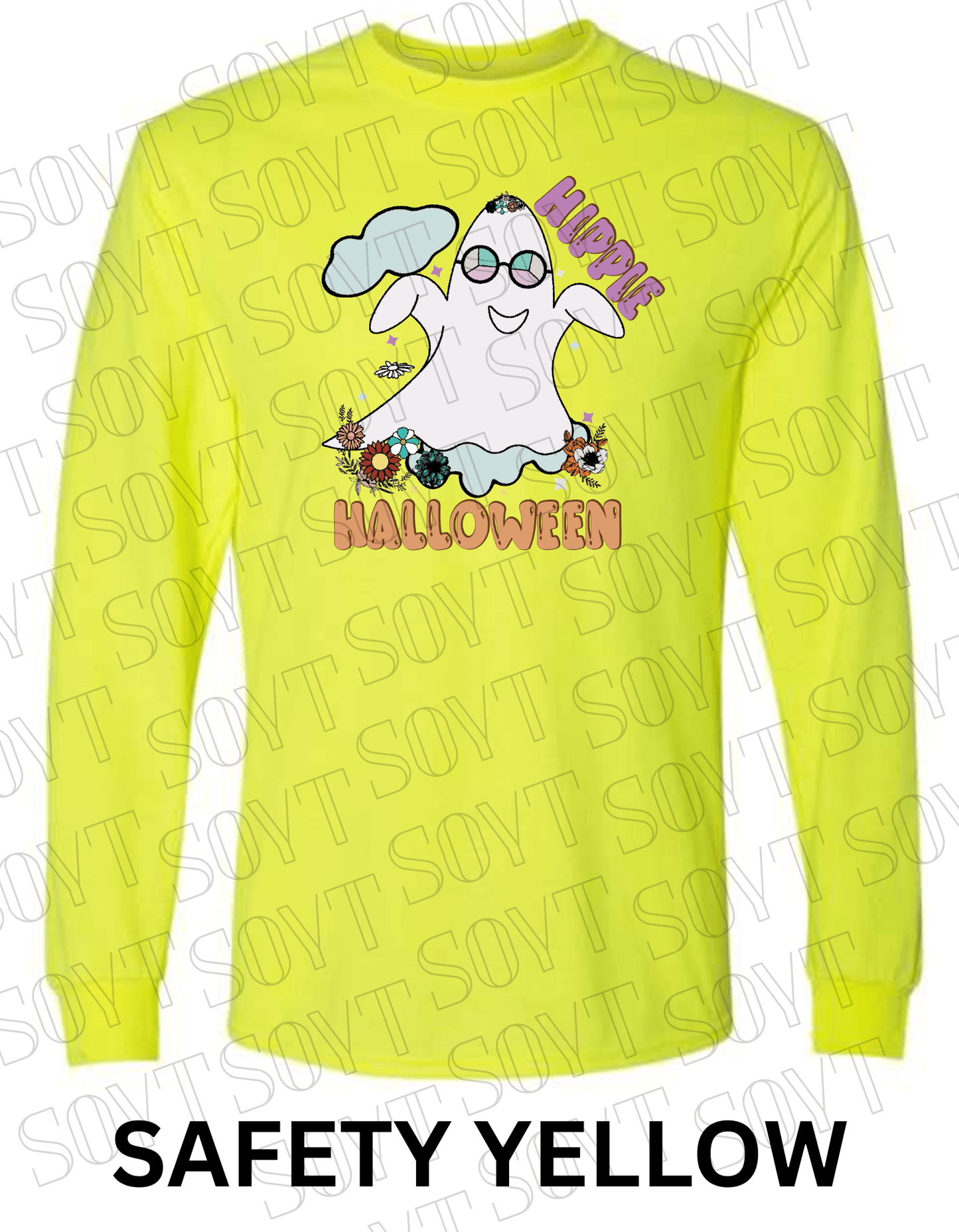 Hippie Halloween Long Sleeve – Retro Ghost with Flower Crown & Groovy Glasses Shirt - Festive Apparel StoreSafety Yellow