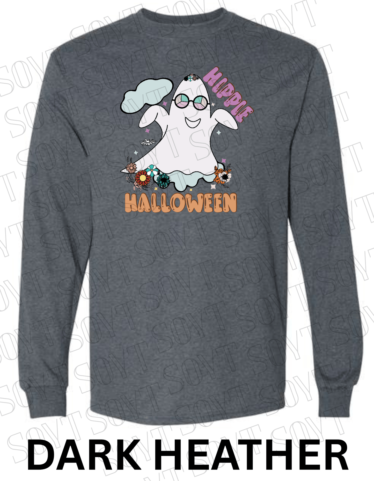 Hippie Halloween Long Sleeve – Retro Ghost with Flower Crown & Groovy Glasses Shirt - Festive Apparel StoreDark Heather