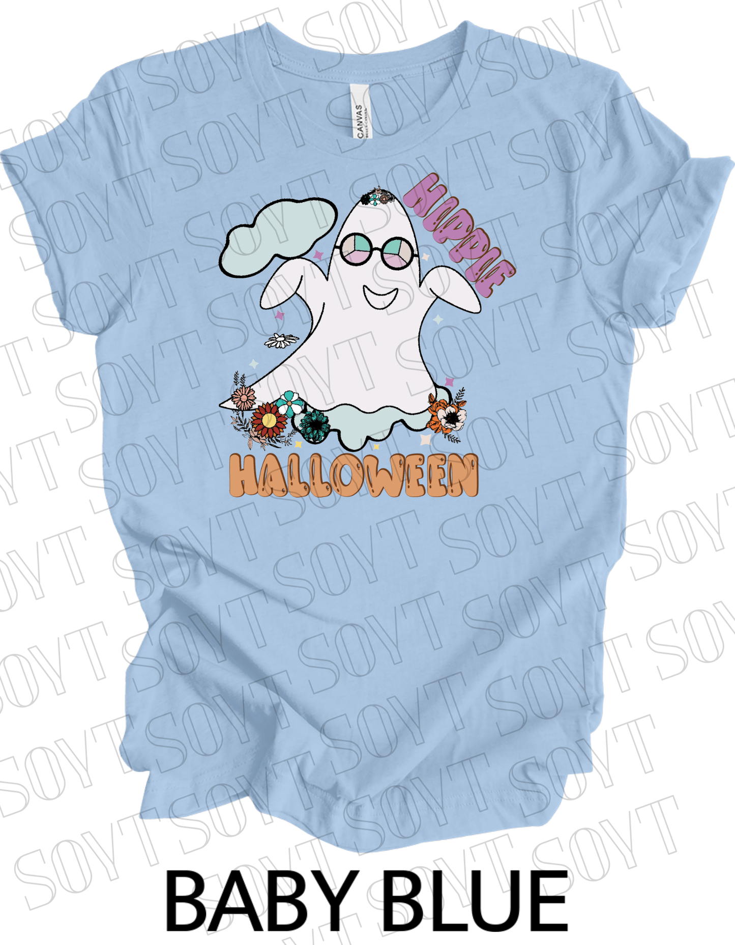 Hippie Halloween T-Shirt – Retro Flower Crown Ghost with Groovy Glasses & Fall Florals Graphic Tee - Festive Apparel StoreBaby Blue