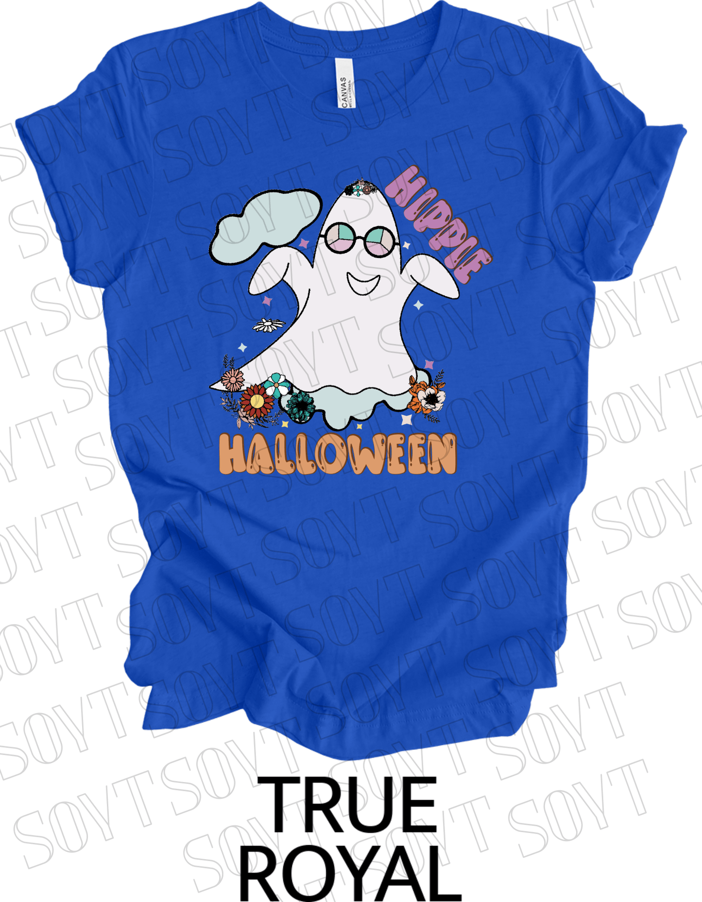 Hippie Halloween T-Shirt – Retro Flower Crown Ghost with Groovy Glasses & Fall Florals Graphic Tee - Festive Apparel StoreRoyal Blue