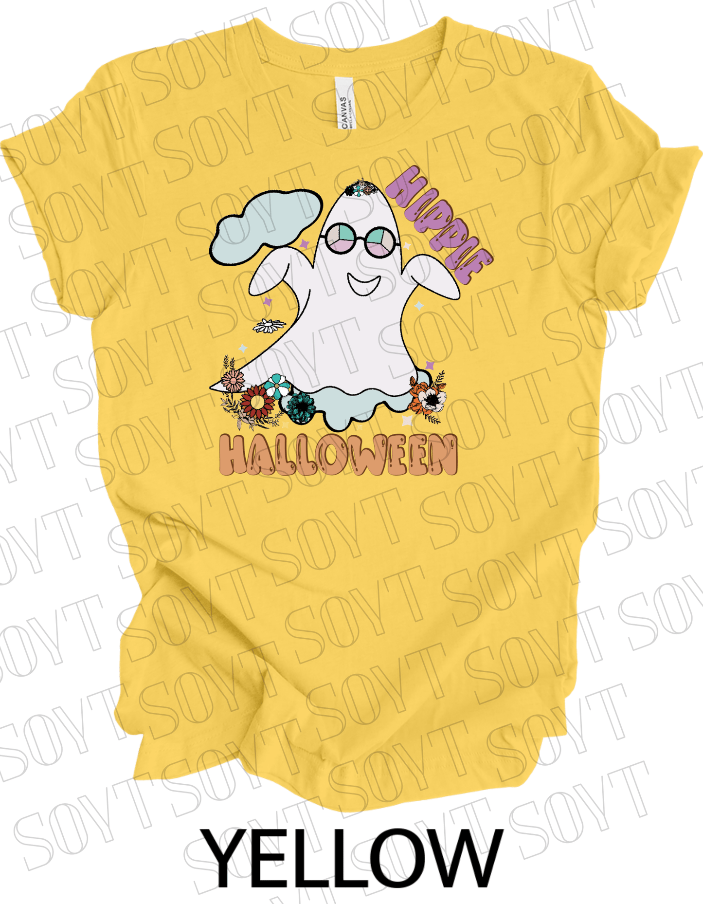Hippie Halloween T-Shirt – Retro Flower Crown Ghost with Groovy Glasses & Fall Florals Graphic Tee - Festive Apparel StoreYellow