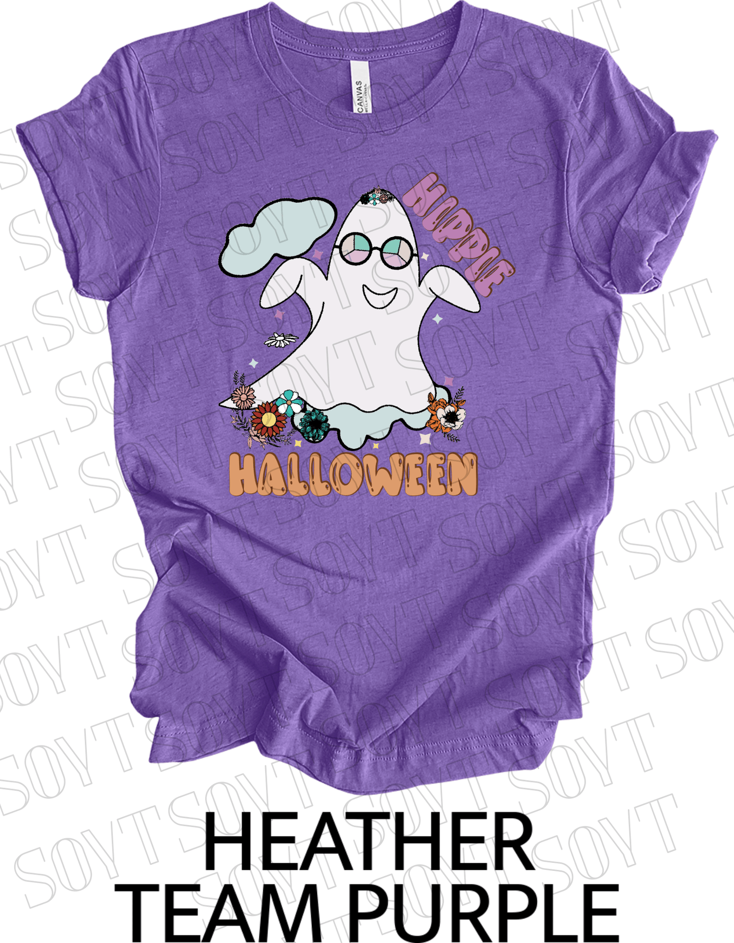 Hippie Halloween T-Shirt – Retro Flower Crown Ghost with Groovy Glasses & Fall Florals Graphic Tee - Festive Apparel StoreHeather Purple