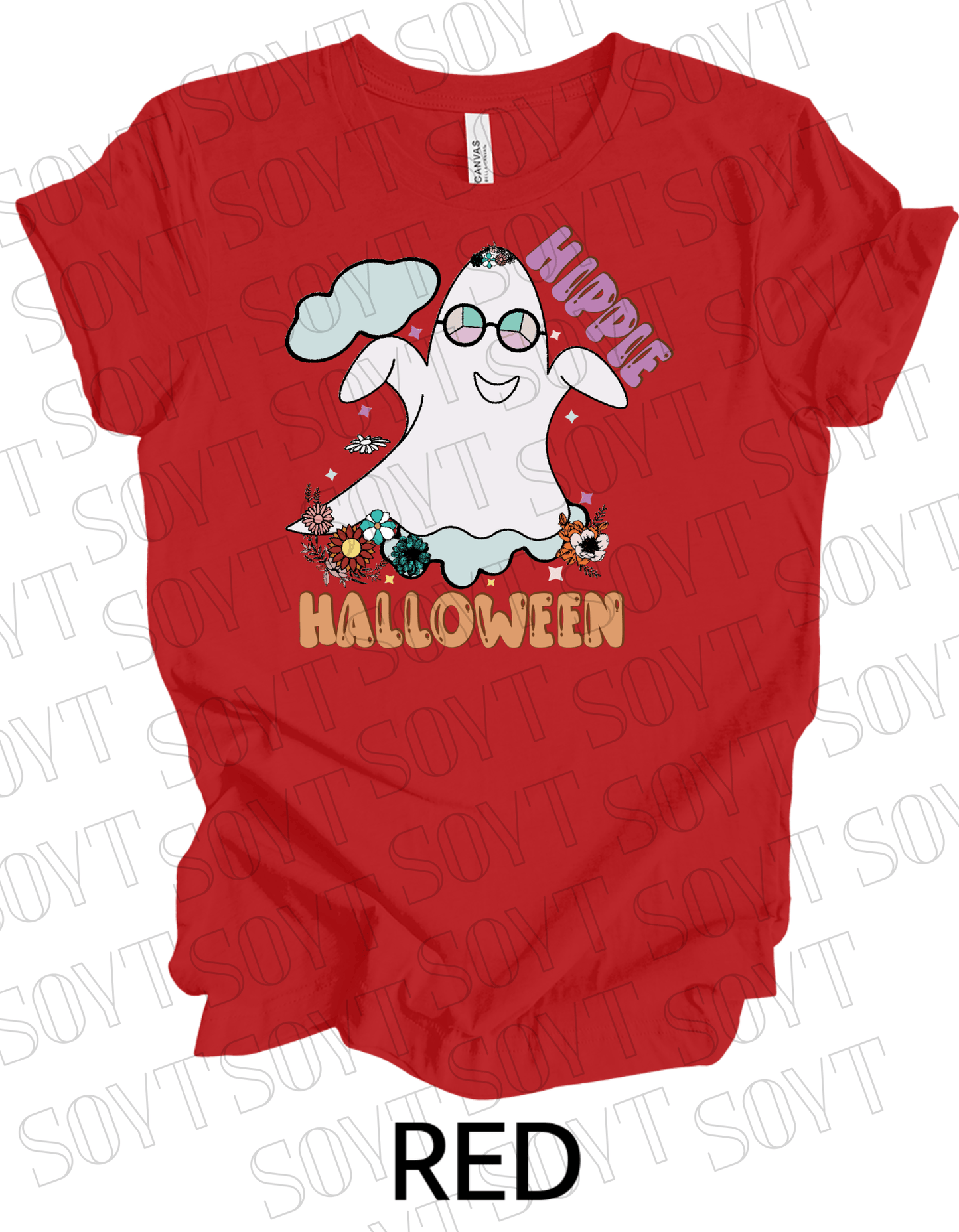 Hippie Halloween T-Shirt – Retro Flower Crown Ghost with Groovy Glasses & Fall Florals Graphic Tee - Festive Apparel StoreRed
