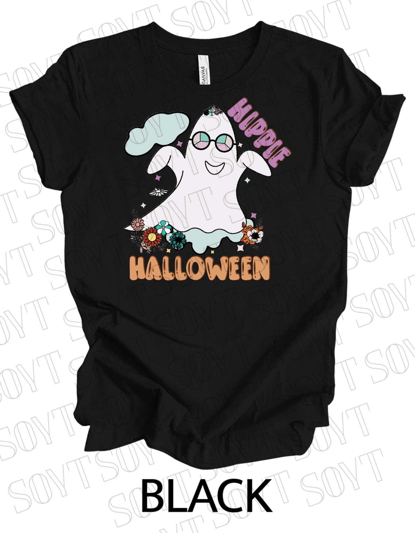 Hippie Halloween T-Shirt – Retro Flower Crown Ghost with Groovy Glasses & Fall Florals Graphic Tee - Festive Apparel StoreBlack