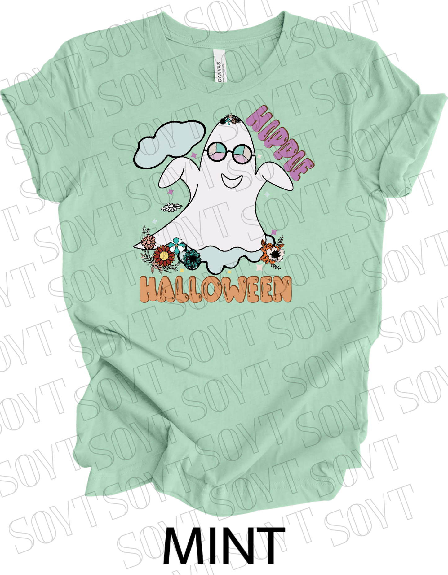 Hippie Halloween T-Shirt – Retro Flower Crown Ghost with Groovy Glasses & Fall Florals Graphic Tee - Festive Apparel StoreMint
