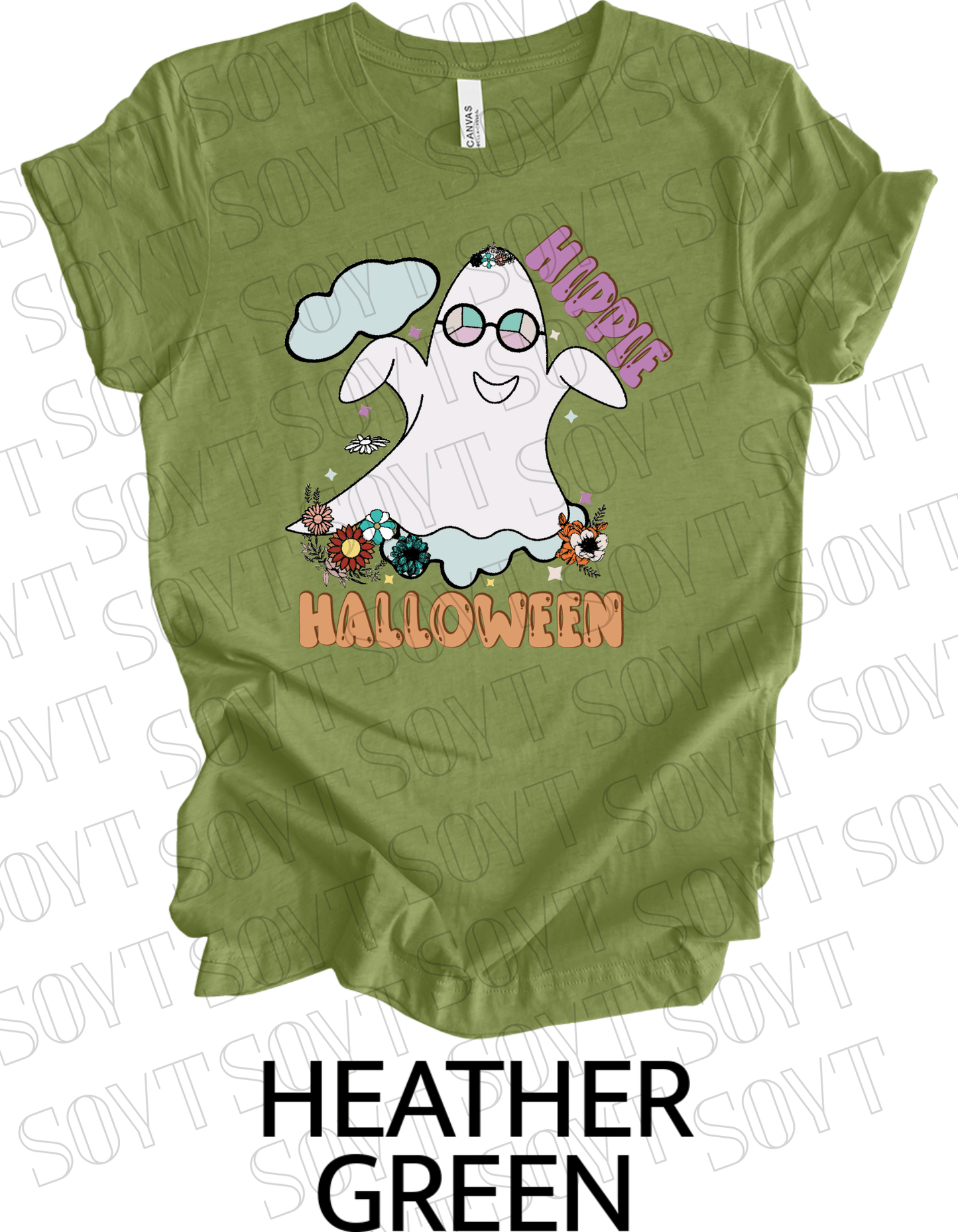 Hippie Halloween T-Shirt – Retro Flower Crown Ghost with Groovy Glasses & Fall Florals Graphic Tee - Festive Apparel StoreHeather Green