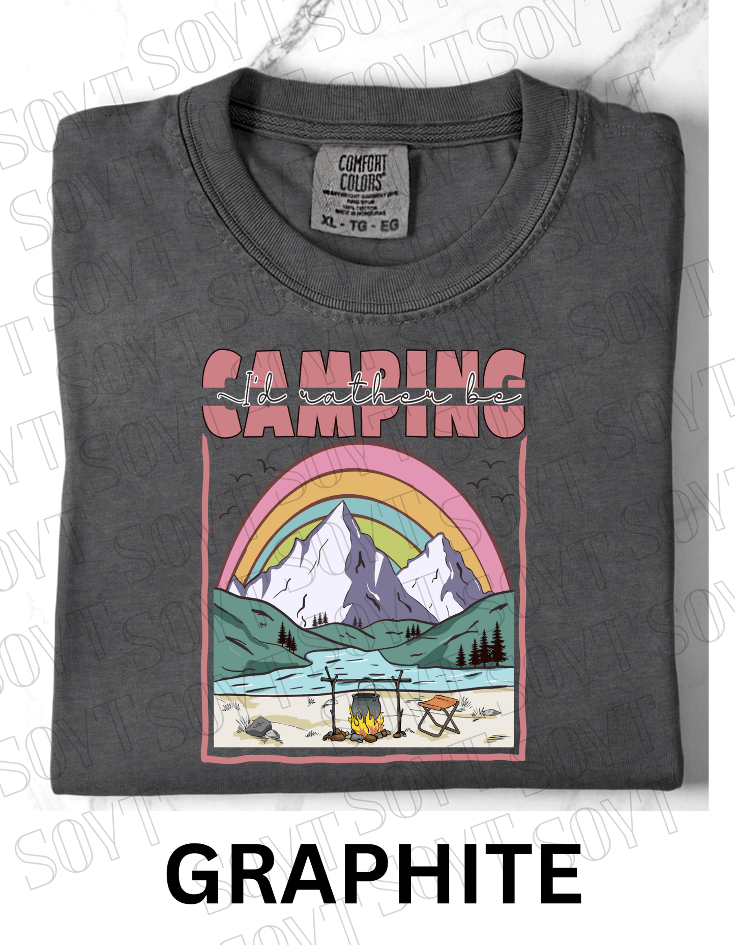 I’d Rather Be Camping T-Shirt – Rainbow Mountain Lakeside Graphic Tee - Festive Apparel StoreGraphite