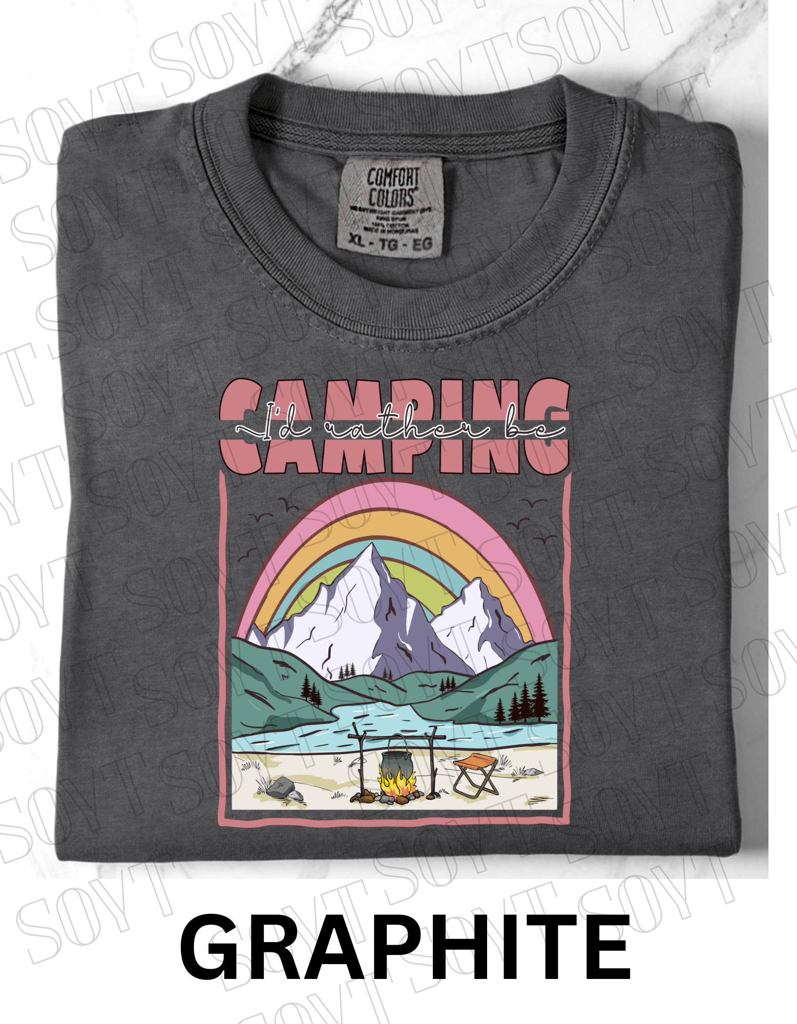 I’d Rather Be Camping T-Shirt – Rainbow Mountain Lakeside Graphic Tee - Festive Apparel StoreGraphite