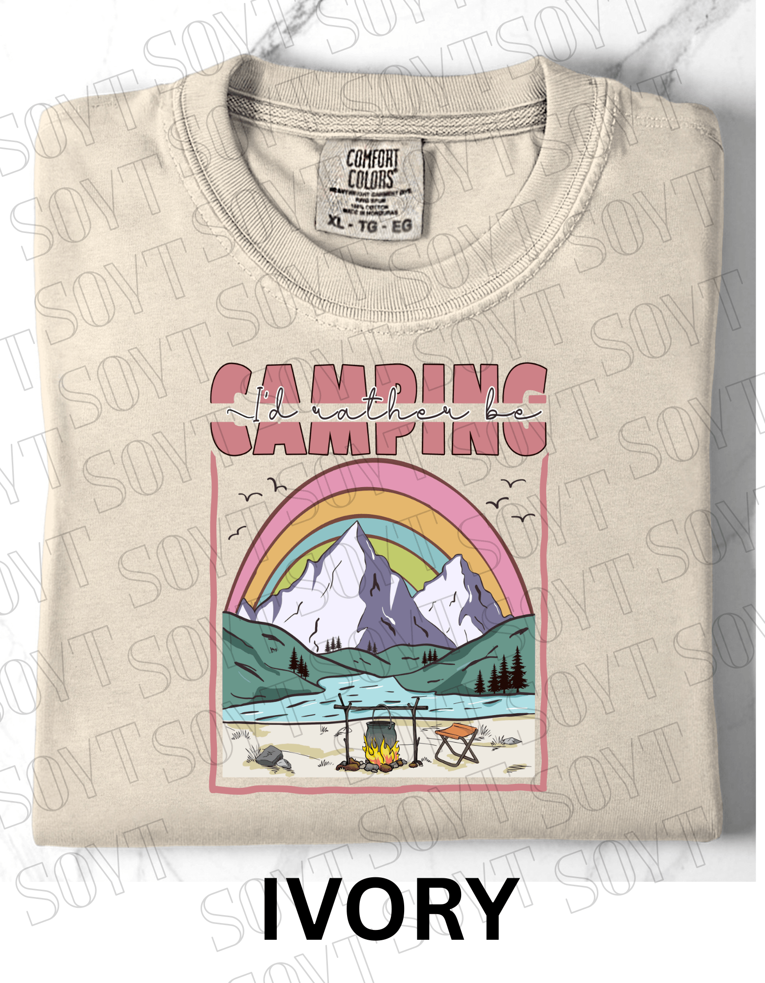 I’d Rather Be Camping T-Shirt – Rainbow Mountain Lakeside Graphic Tee - Festive Apparel StoreIvory