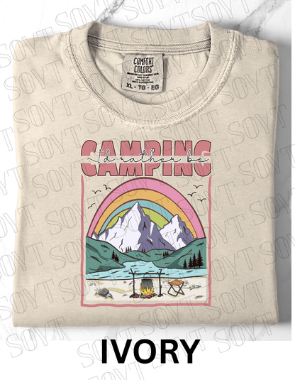 I’d Rather Be Camping T-Shirt – Rainbow Mountain Lakeside Graphic Tee - Festive Apparel StoreIvory