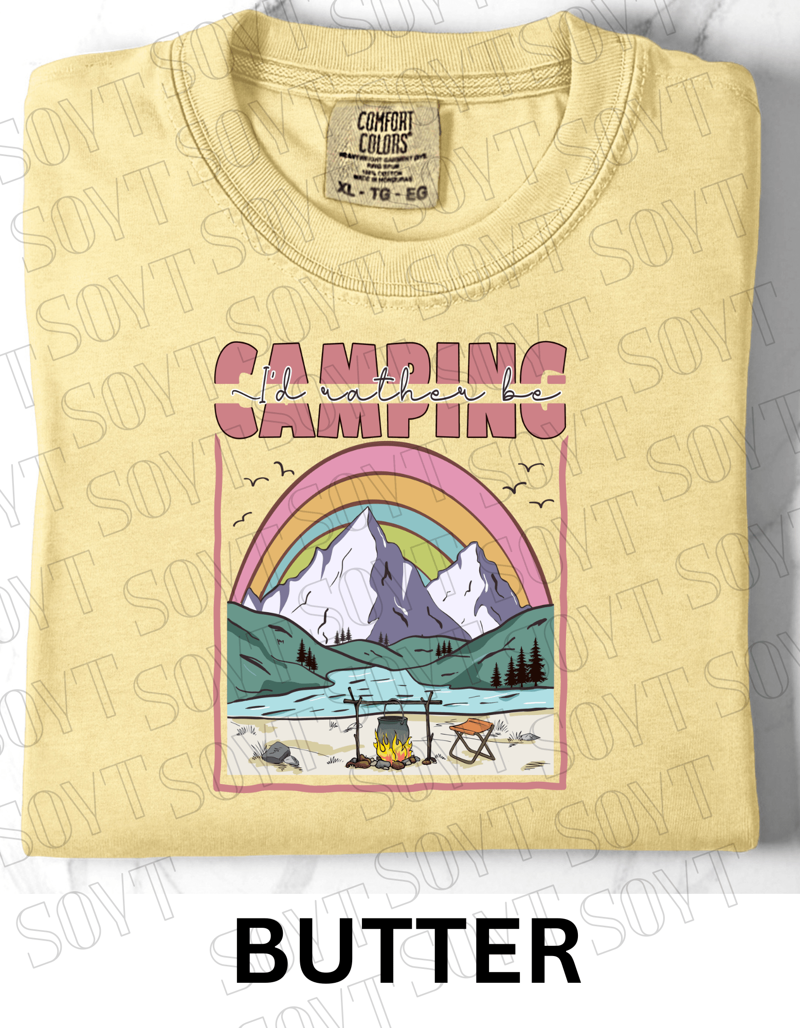 I’d Rather Be Camping T-Shirt – Rainbow Mountain Lakeside Graphic Tee - Festive Apparel StoreButter