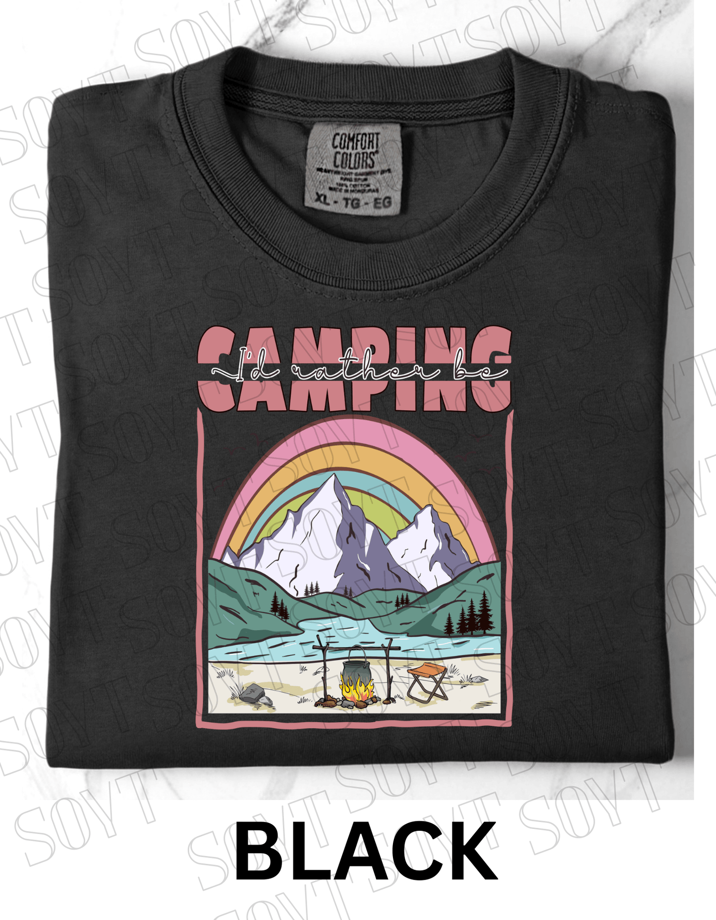 I’d Rather Be Camping T-Shirt – Rainbow Mountain Lakeside Graphic Tee - Festive Apparel StoreBlack