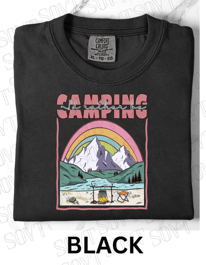 I’d Rather Be Camping T-Shirt – Rainbow Mountain Lakeside Graphic Tee - Festive Apparel StoreBlack