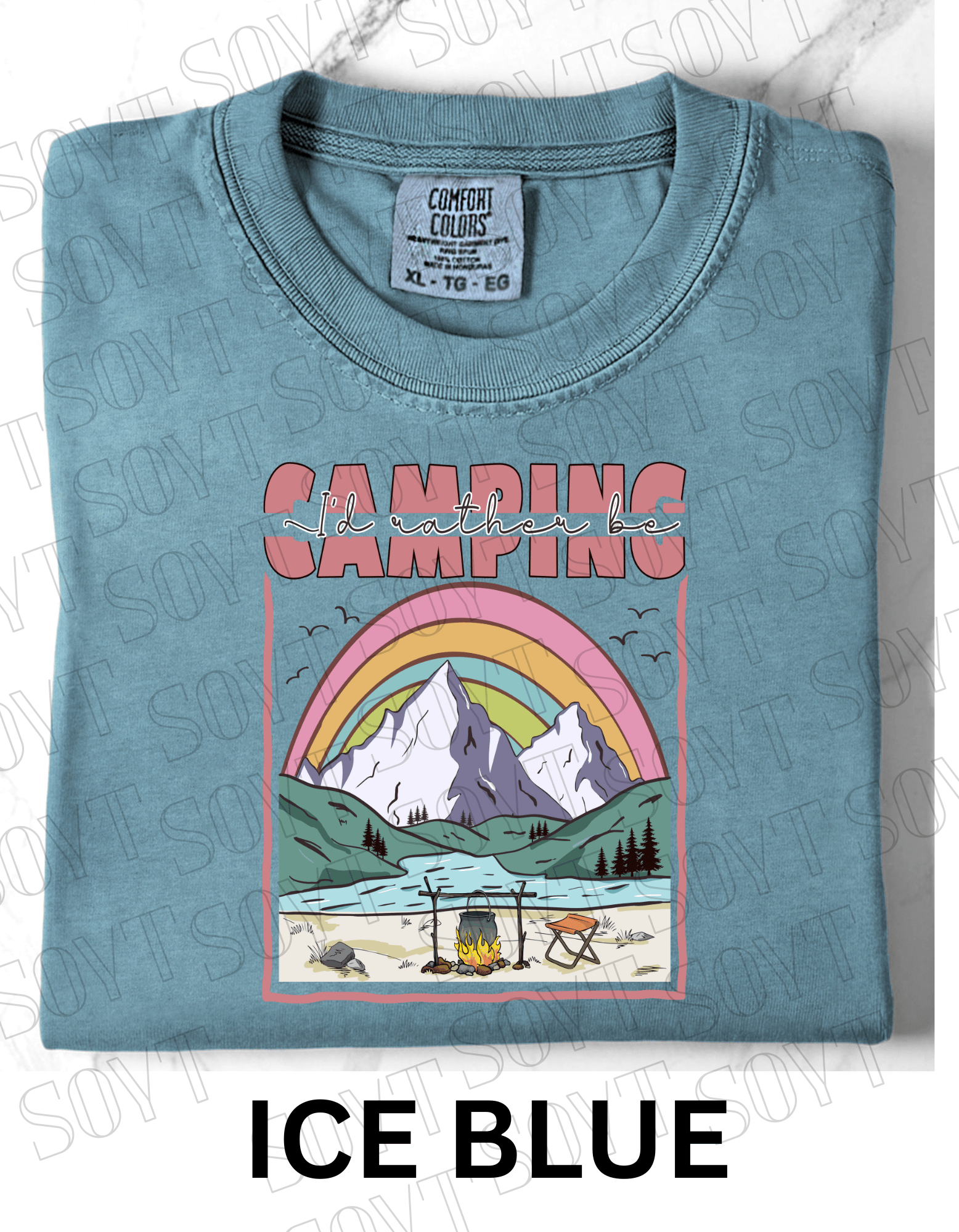 I’d Rather Be Camping T-Shirt – Rainbow Mountain Lakeside Graphic Tee - Festive Apparel StoreIce Blue