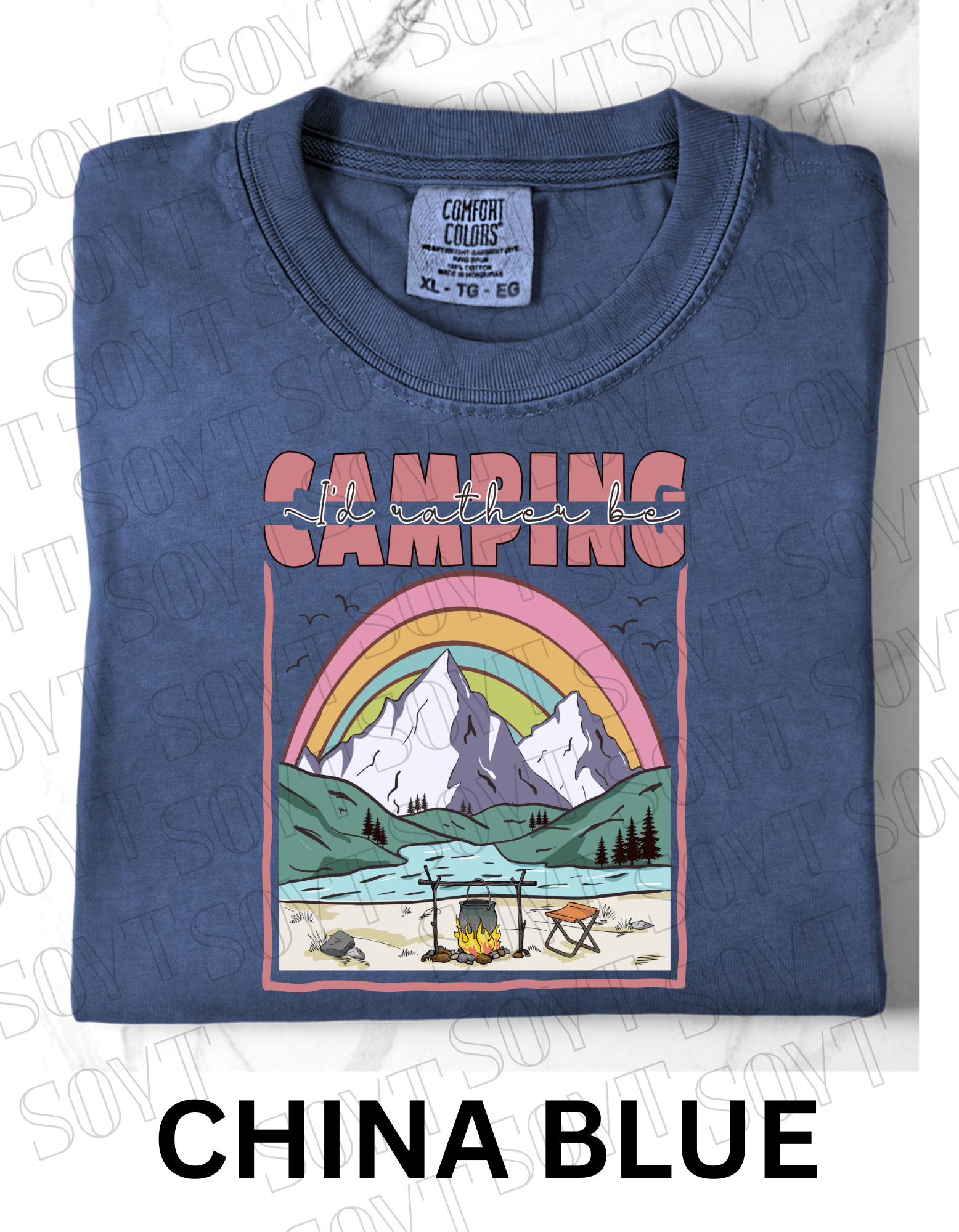 I’d Rather Be Camping T-Shirt – Rainbow Mountain Lakeside Graphic Tee - Festive Apparel StoreChina Blue