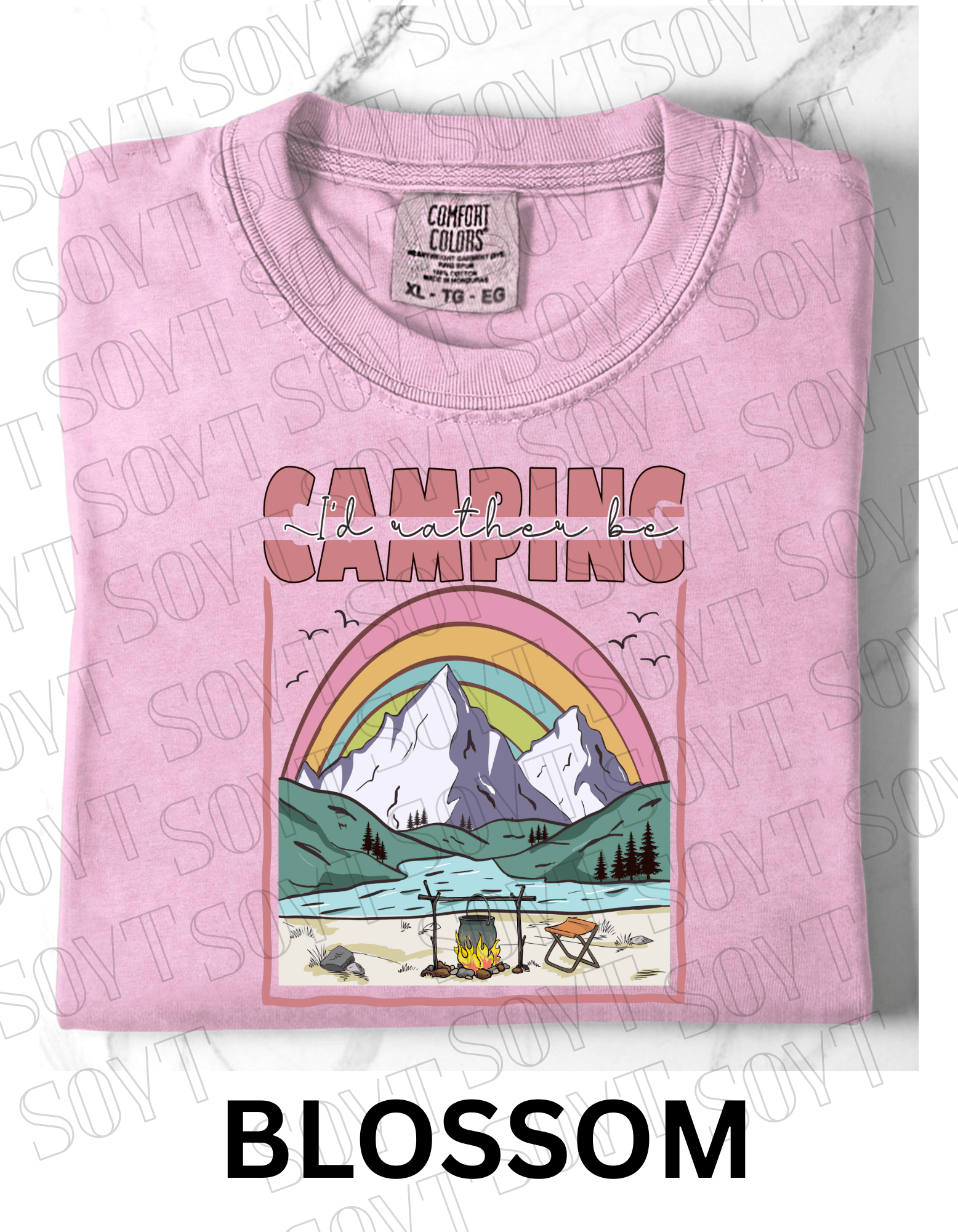 I’d Rather Be Camping T-Shirt – Rainbow Mountain Lakeside Graphic Tee - Festive Apparel StoreBlossom