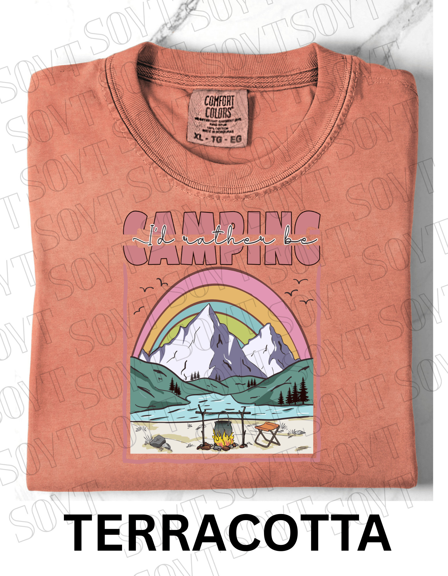 I’d Rather Be Camping T-Shirt – Rainbow Mountain Lakeside Graphic Tee - Festive Apparel StoreTerracotta