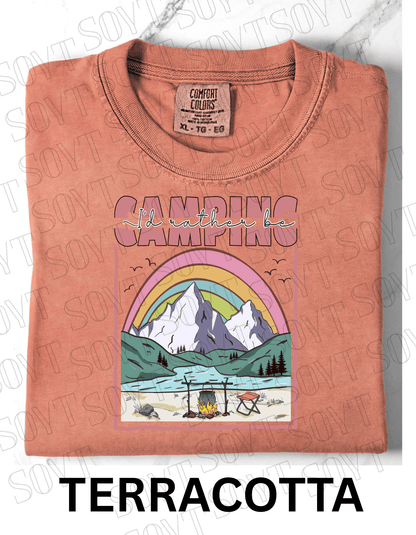 I’d Rather Be Camping T-Shirt – Rainbow Mountain Lakeside Graphic Tee - Festive Apparel StoreTerracotta