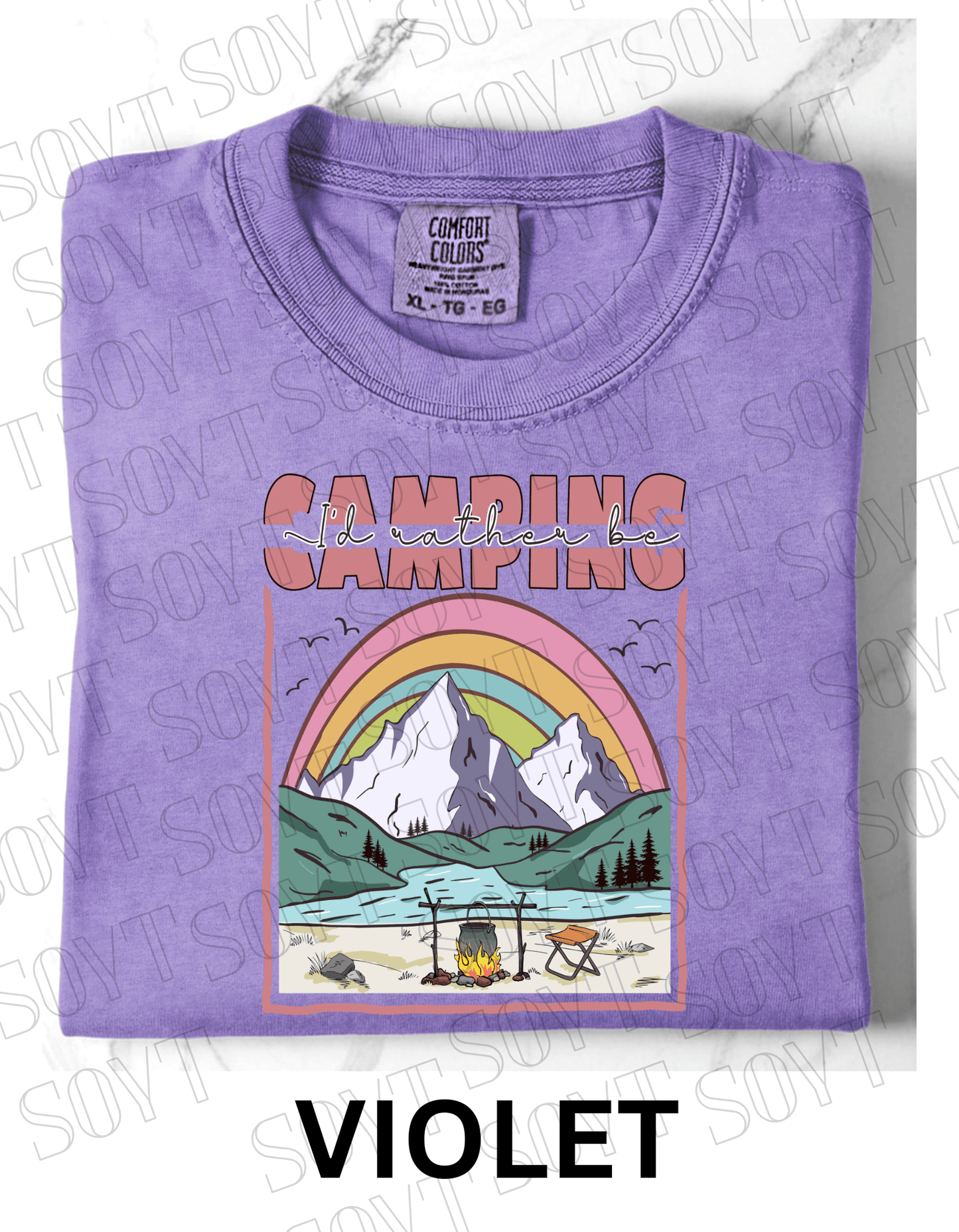 I’d Rather Be Camping T-Shirt – Rainbow Mountain Lakeside Graphic Tee - Festive Apparel StoreViolet