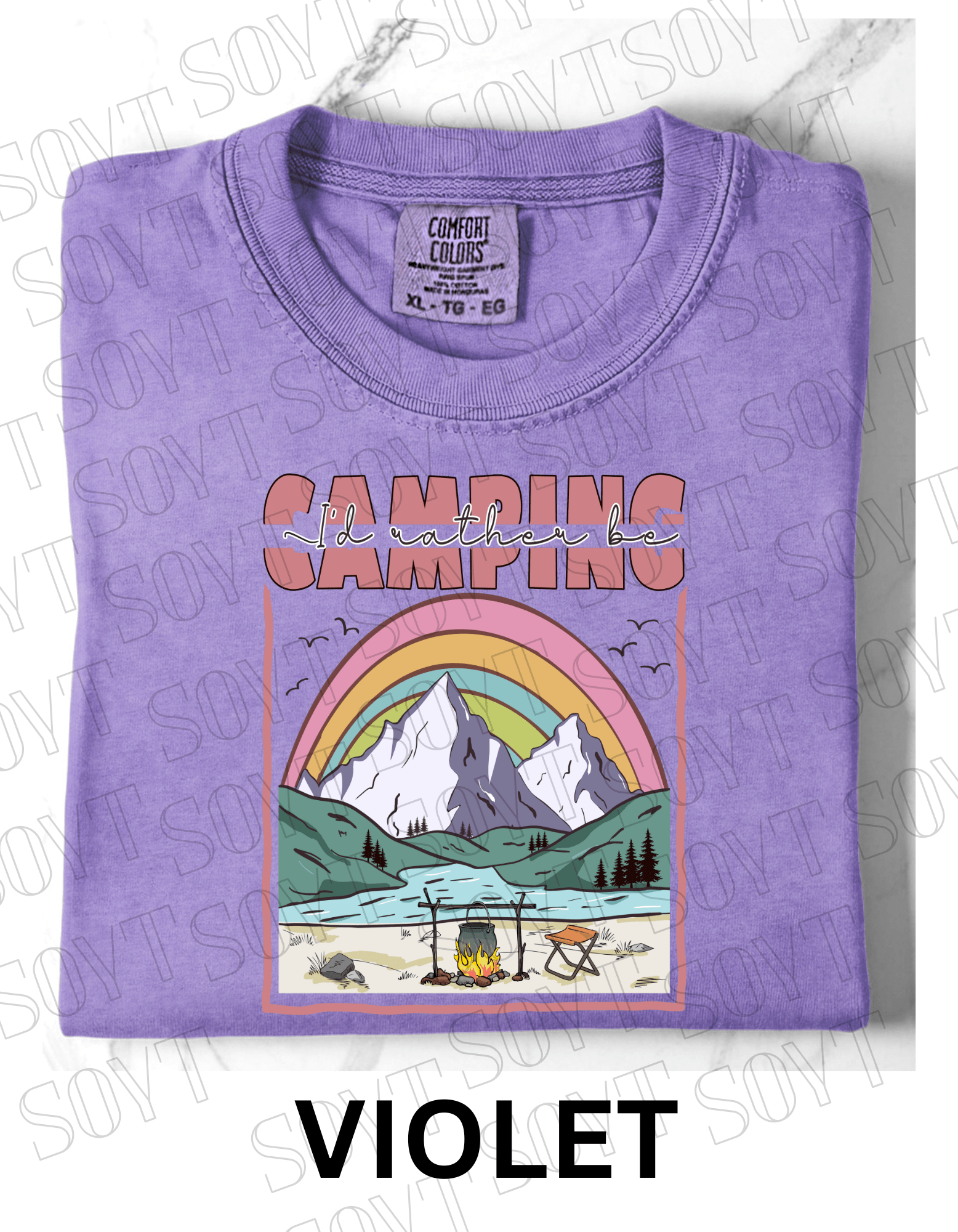I’d Rather Be Camping T-Shirt – Rainbow Mountain Lakeside Graphic Tee - Festive Apparel StoreViolet
