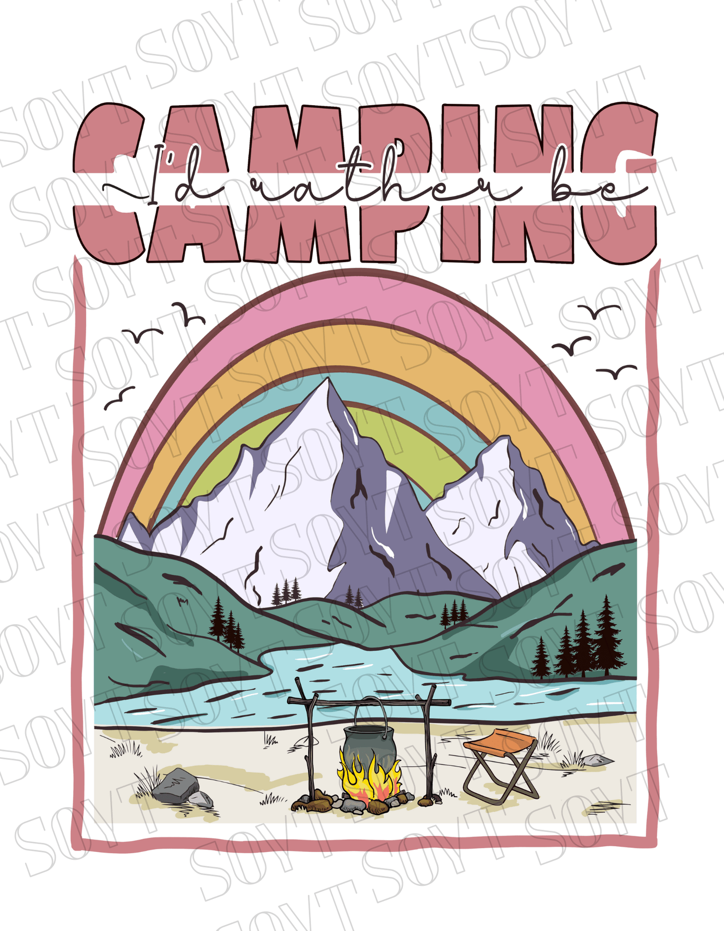 I’d Rather Be Camping T-Shirt – Rainbow Mountain Lakeside Graphic Tee - Festive Apparel StoreBlack
