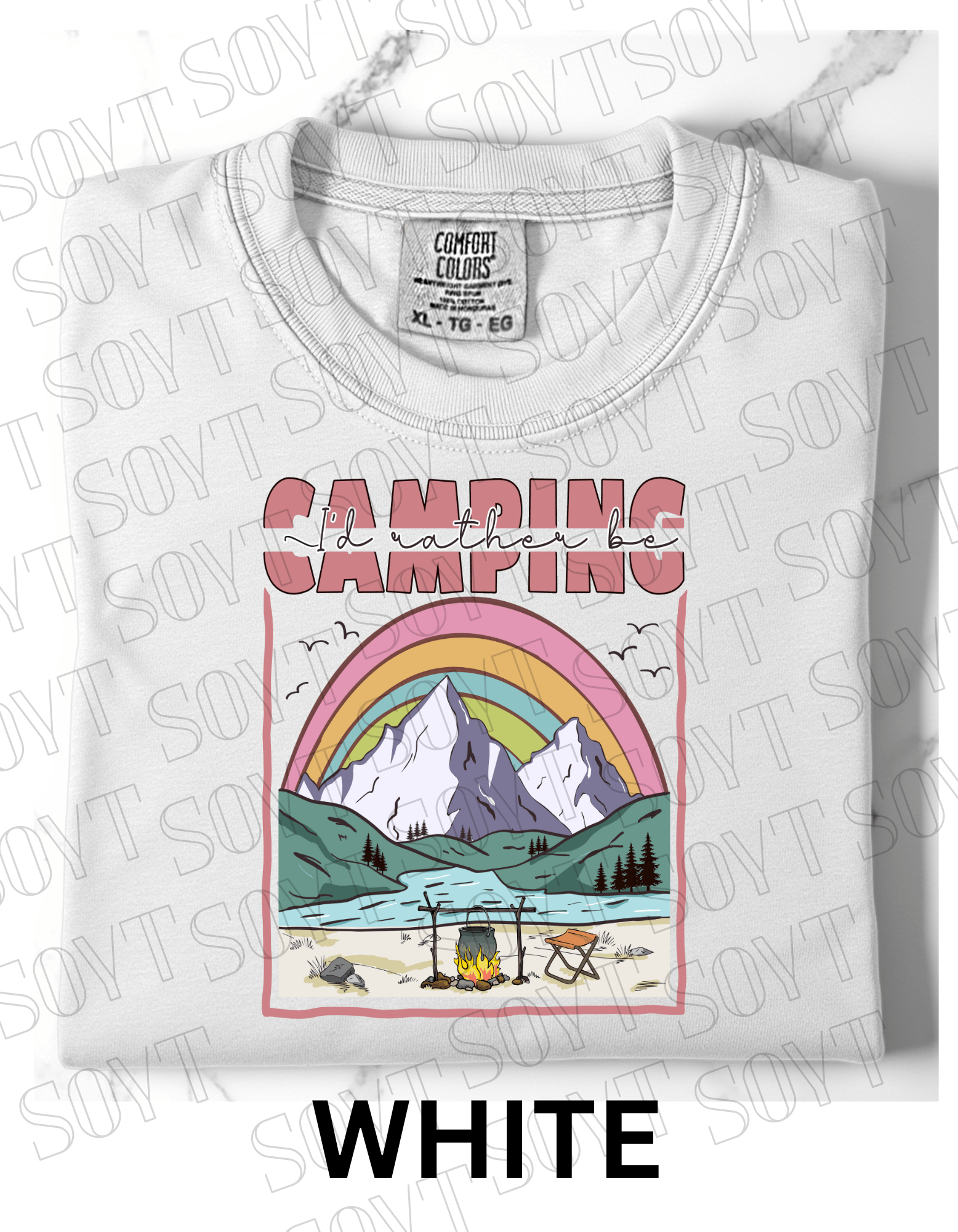 I’d Rather Be Camping T-Shirt – Rainbow Mountain Lakeside Graphic Tee - Festive Apparel StoreWhite