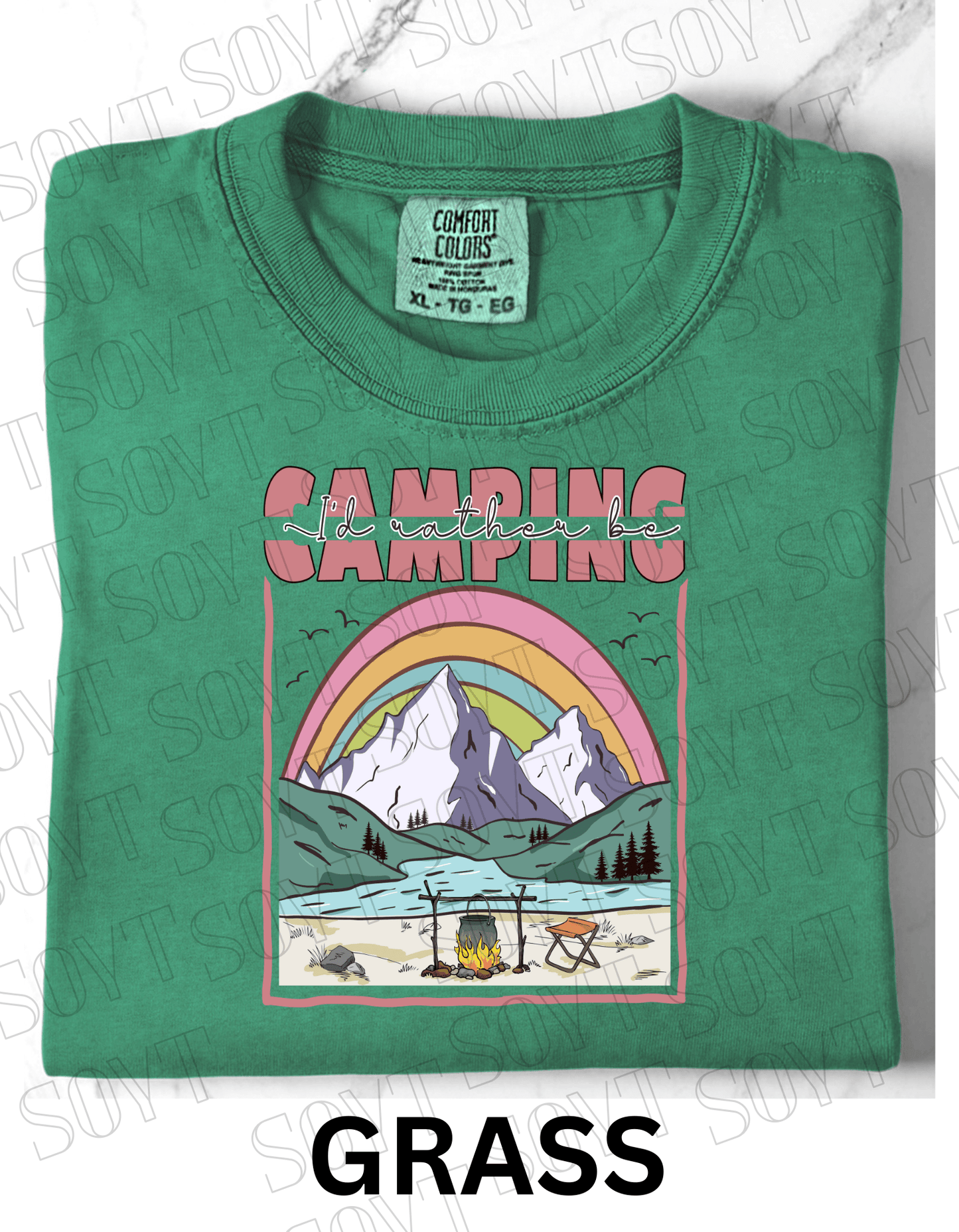 I’d Rather Be Camping T-Shirt – Rainbow Mountain Lakeside Graphic Tee - Festive Apparel StoreGrass