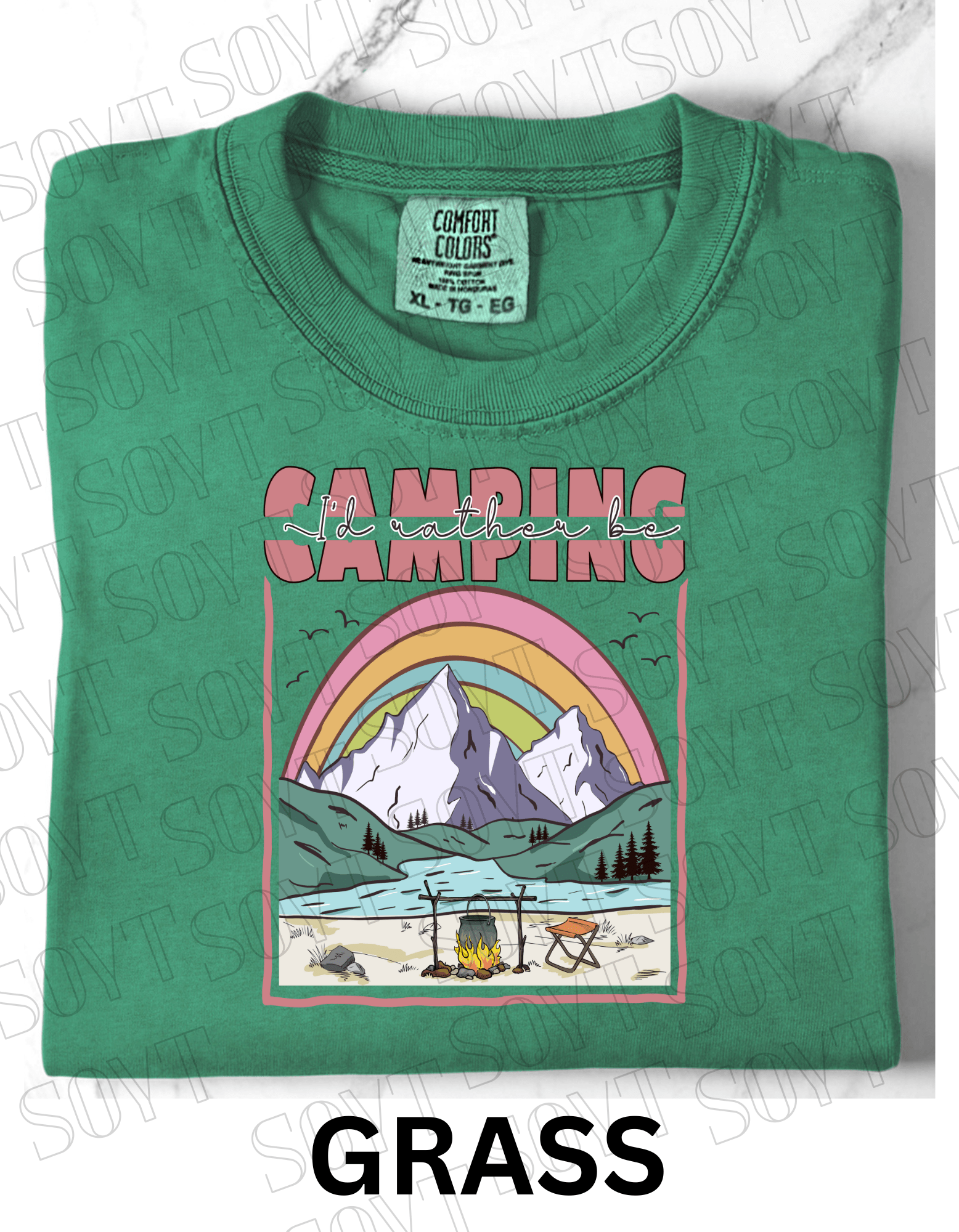 I’d Rather Be Camping T-Shirt – Rainbow Mountain Lakeside Graphic Tee - Festive Apparel StoreGrass