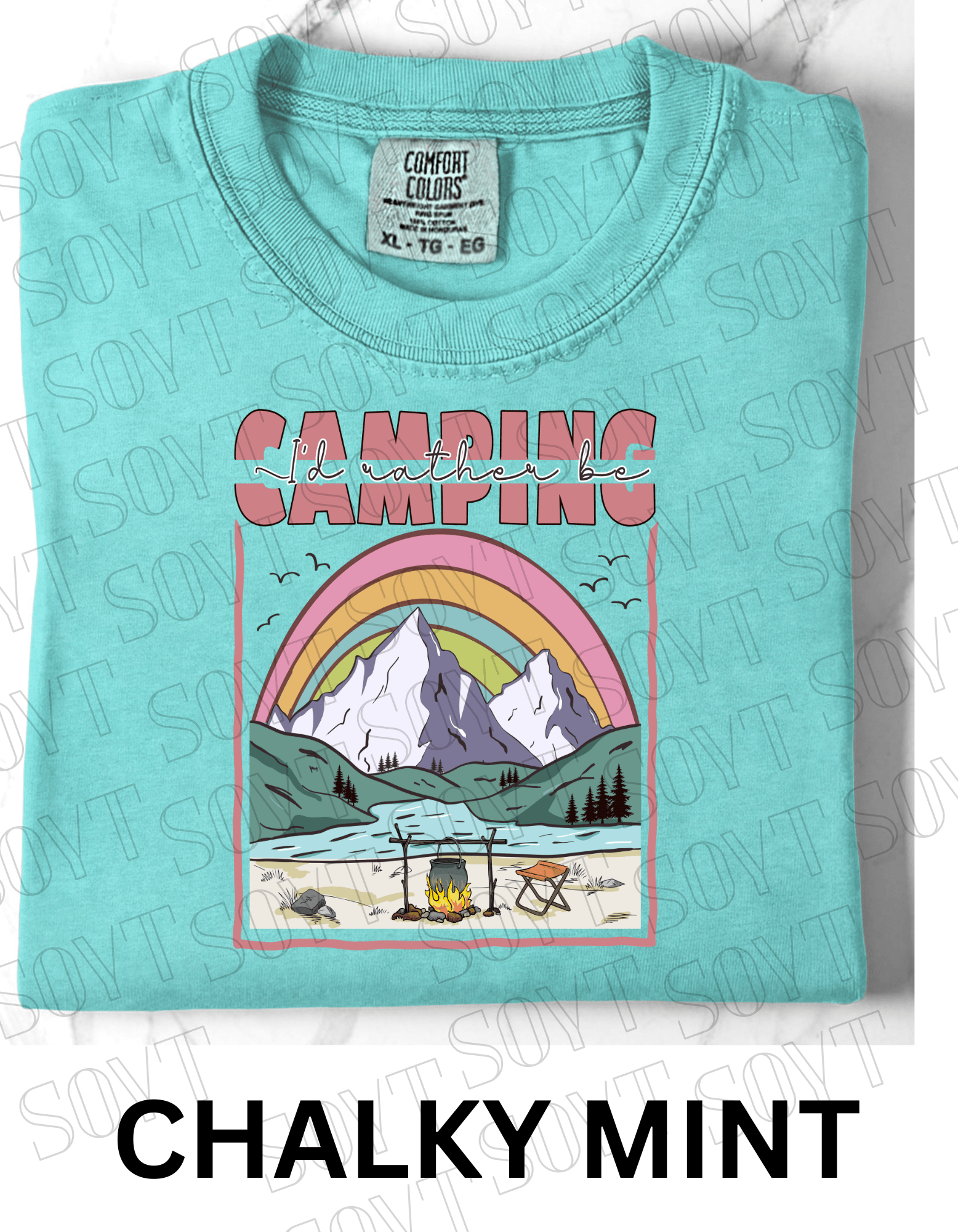 I’d Rather Be Camping T-Shirt – Rainbow Mountain Lakeside Graphic Tee - Festive Apparel StoreChalky Mint