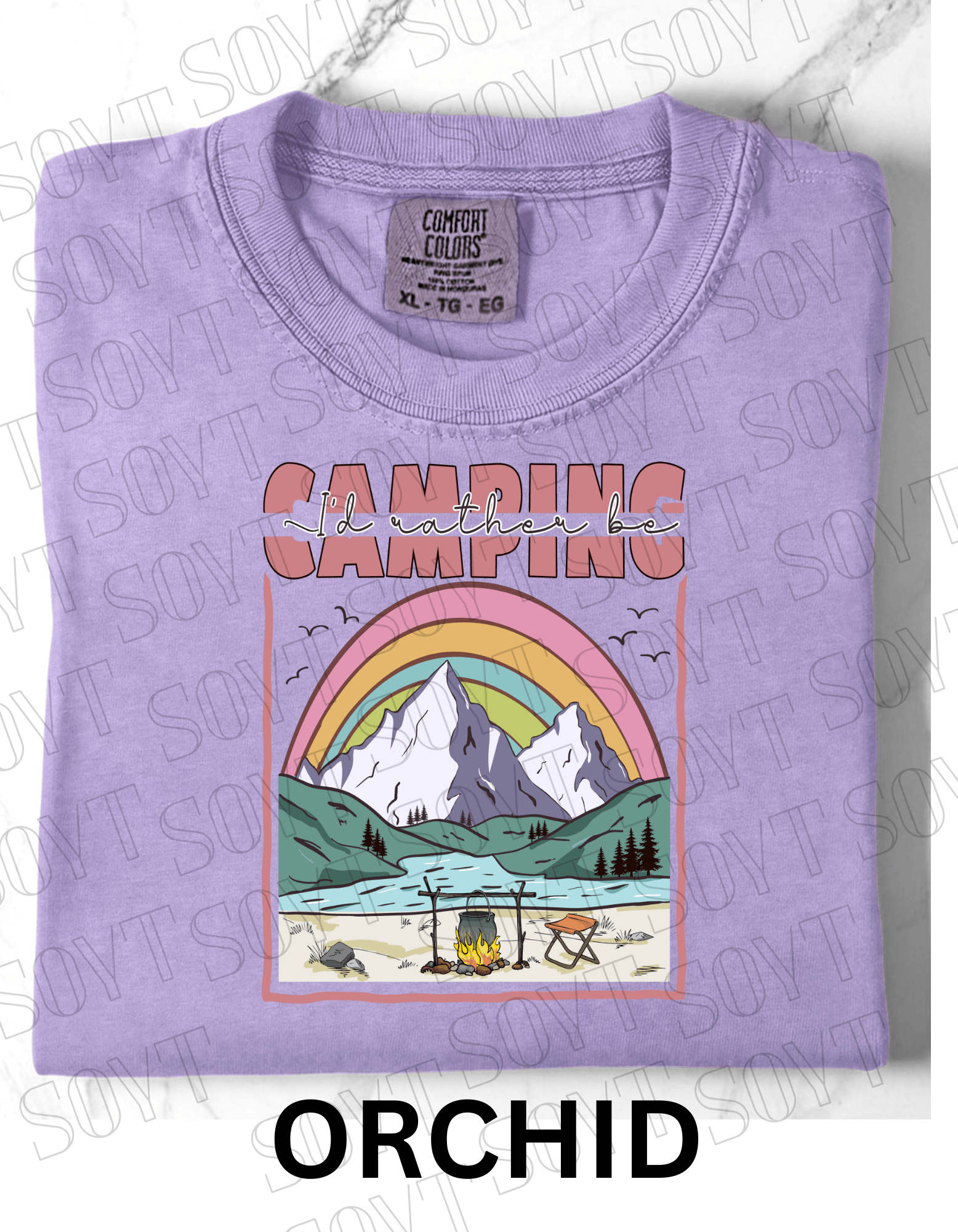 I’d Rather Be Camping T-Shirt – Rainbow Mountain Lakeside Graphic Tee - Festive Apparel StoreOrchid